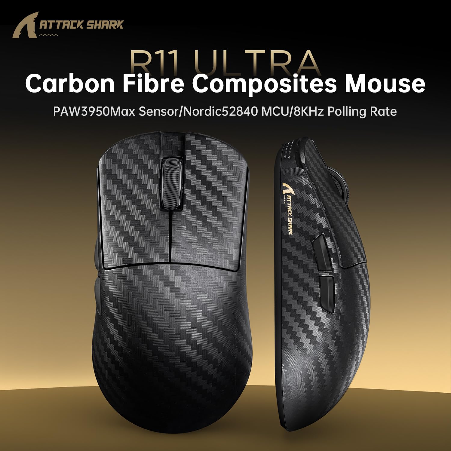 ATTACK SHARK R11 ULTRA Souris de Jeu Sans Fil en Fibre de Carbone avec Câble Spiralé LED, 8000Hz, PAW3950MAX, 42000 DPI, 49g Légère, 20000 FPS, puce Nordic 52840, Nano-metal Ice Coating, Noir Tissé