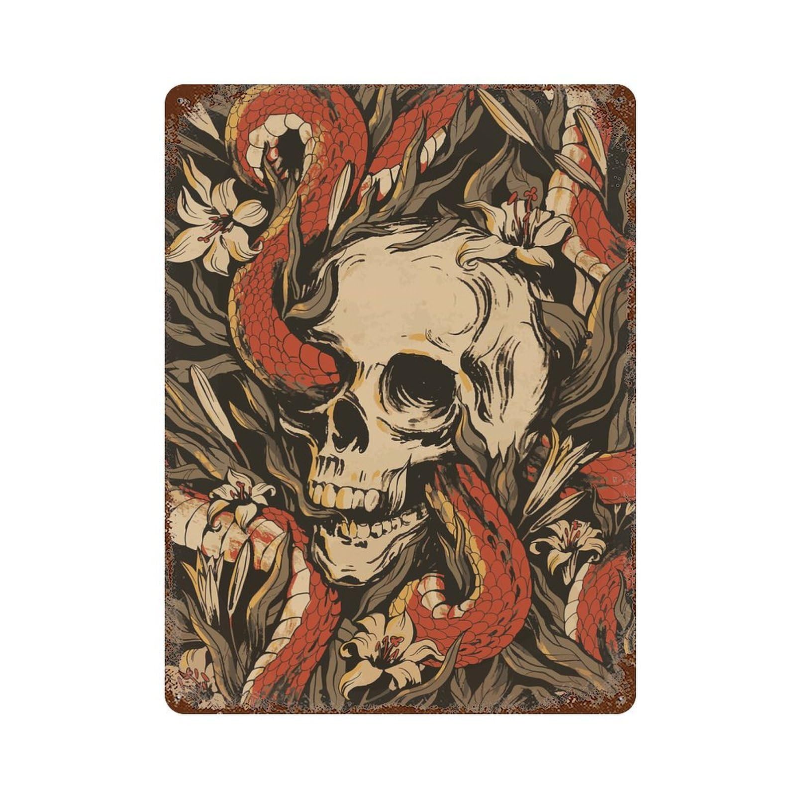 Snake Skeleton Flowers Rust Effect Tin Sign 15.7"x11.8", Ideal for Shed, Workshop And Garage Wall Decor