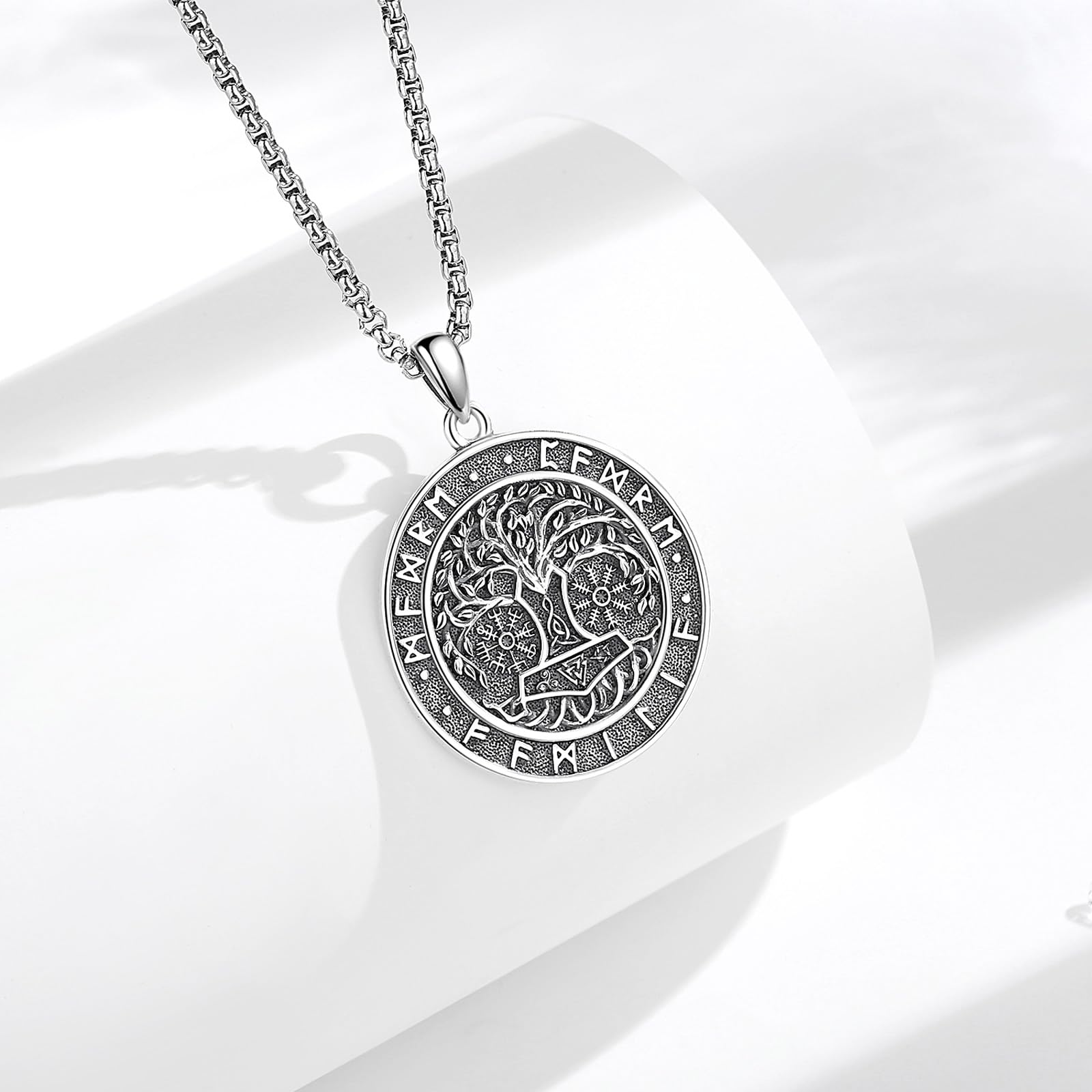 INFUSEU Wikinger Halskette für Männer, 925 Sterling Silber Lebensbaum Yggdrasil Anhänger Wolf Schmuck Valknut Jormungandr Odin Raven Allah Geschenk für Männer