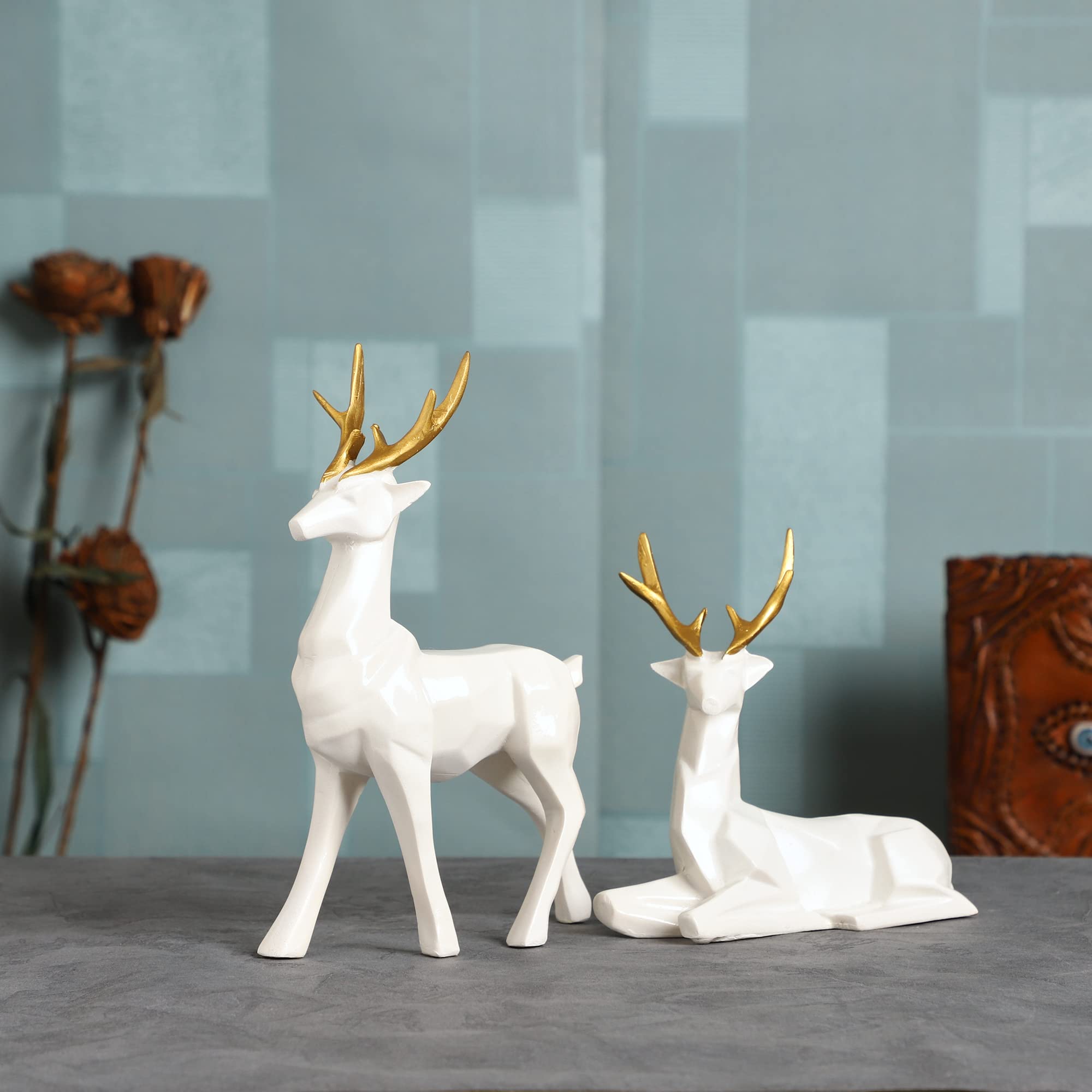 DECORWALE Deer/Hiran Showpiece for Home & Office Decor Set of 2 Deer Different Size (White)