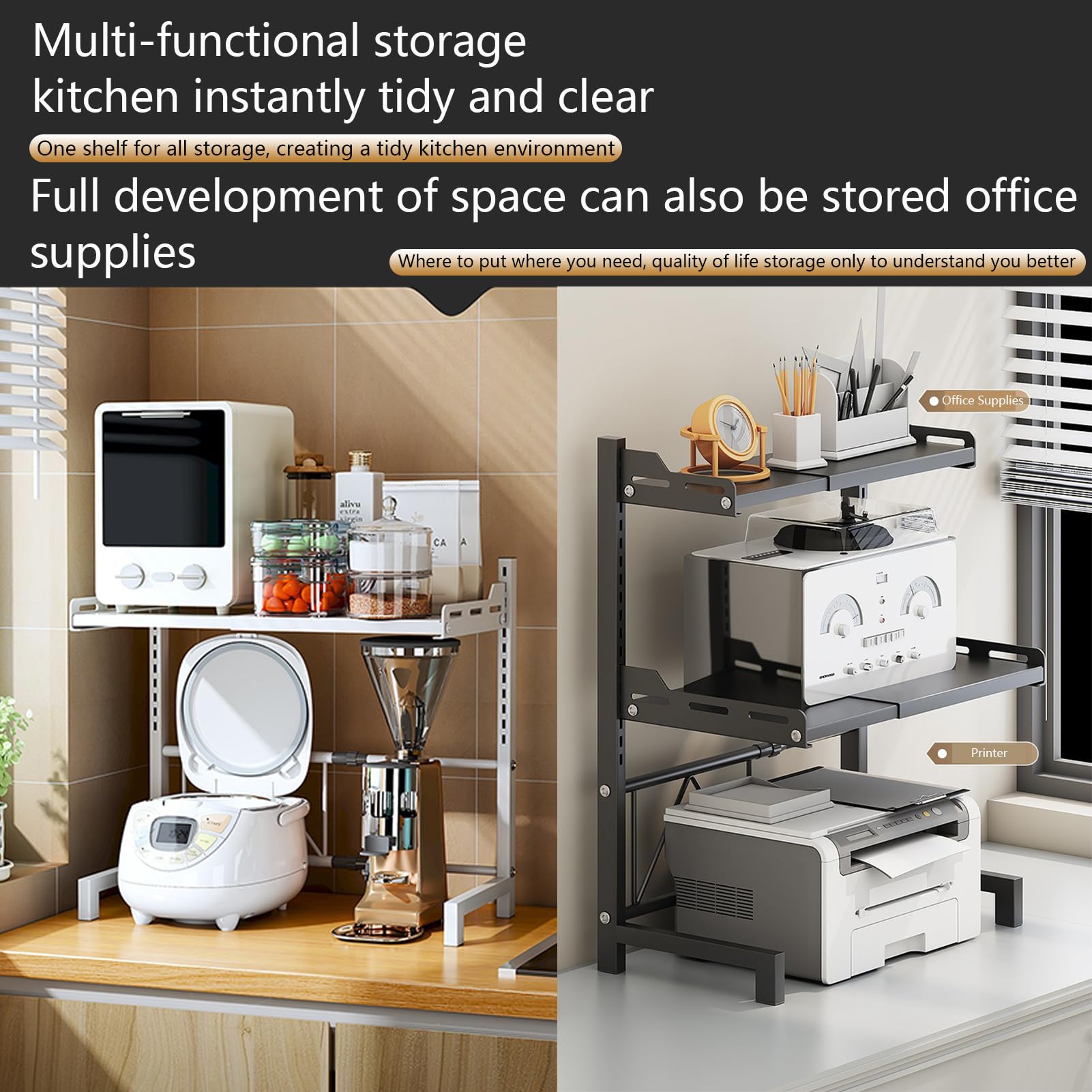 Etagère pour Four à Micro-Ondes Extensible Support Ajustable Etagère pour comptoir de Cuisine Organisation pour comptoir de Cuisine 3 Niveaux avec Rangement (Gris,3 Plis rétractable)