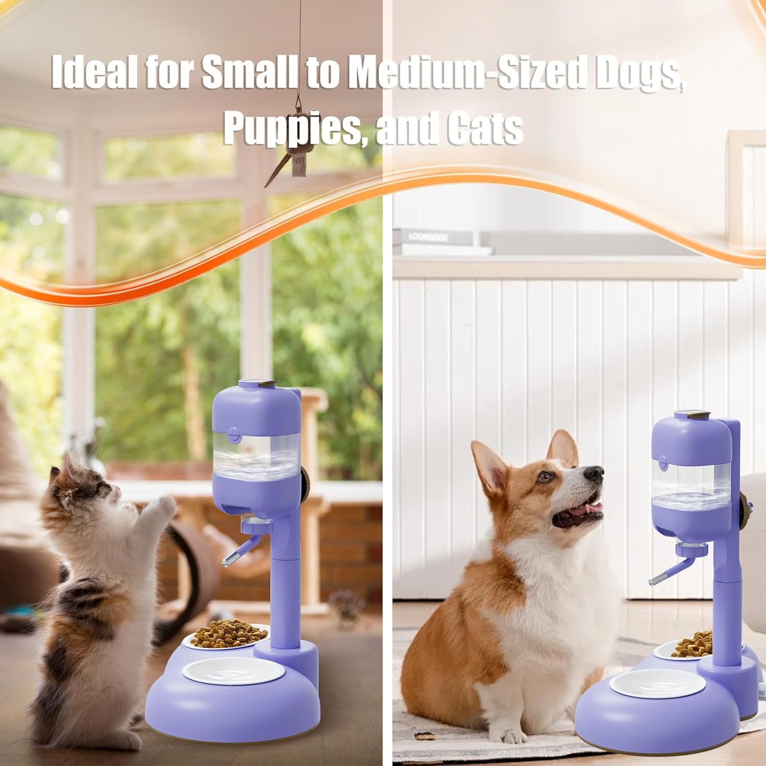 Hundenäpfe mit Welpen-Entwöhnungsflaschen, 3-in-1-Hundenapf-Set mit Wasserspender und 2 lebensmittelechten Keramiknäpfen für Katzen, Kaninchen, Frettchen und kleine Hunde, Violett