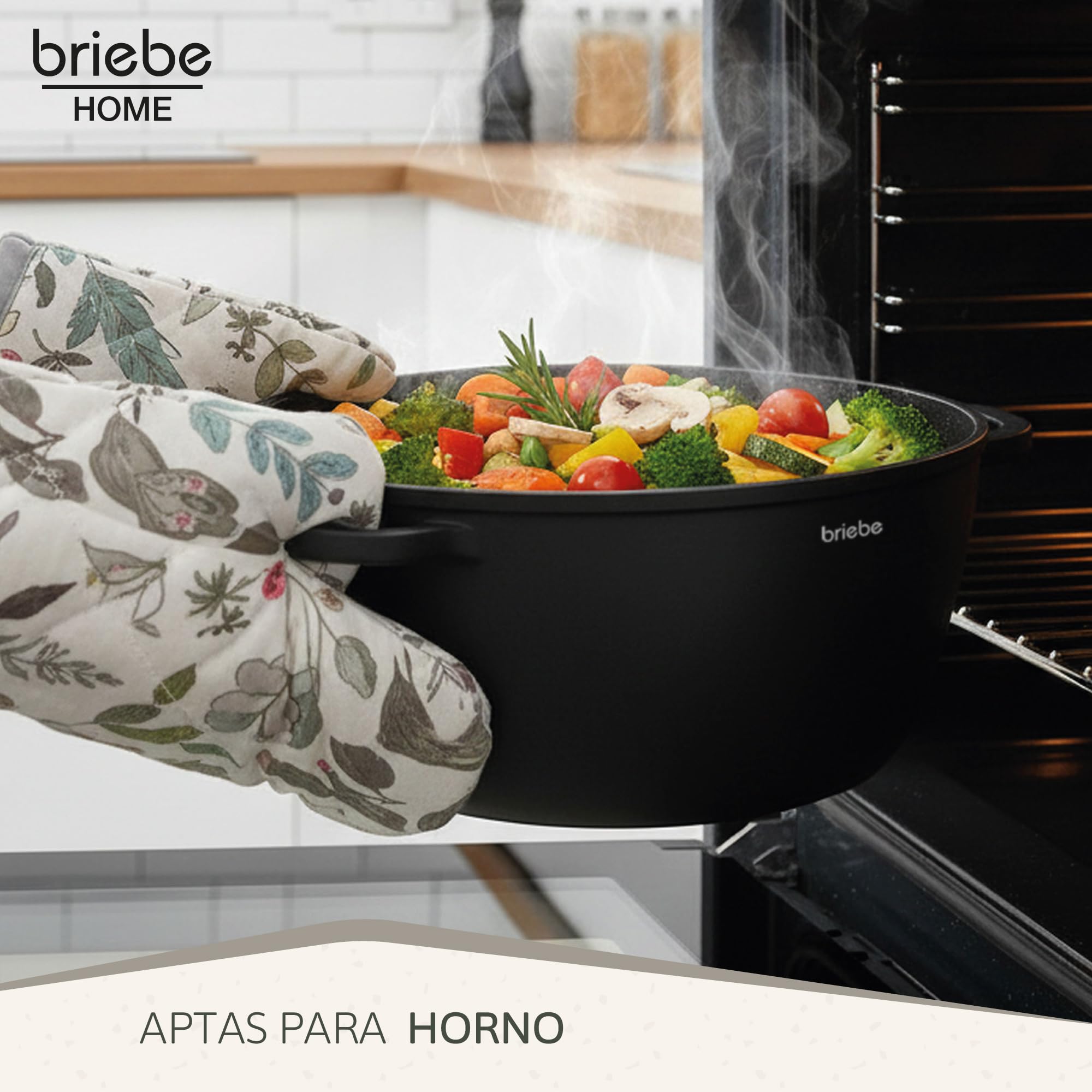 briebe Black Titanium Cacerola Cocina Inducción Antiadherente Titanio, Cazuela 28cm, Aluminio Fundido, Recubrimiento sin PFOA, Tapa Cristal, Asas Silicona Extraíbles, Vitrocerámica, Gas, Horno