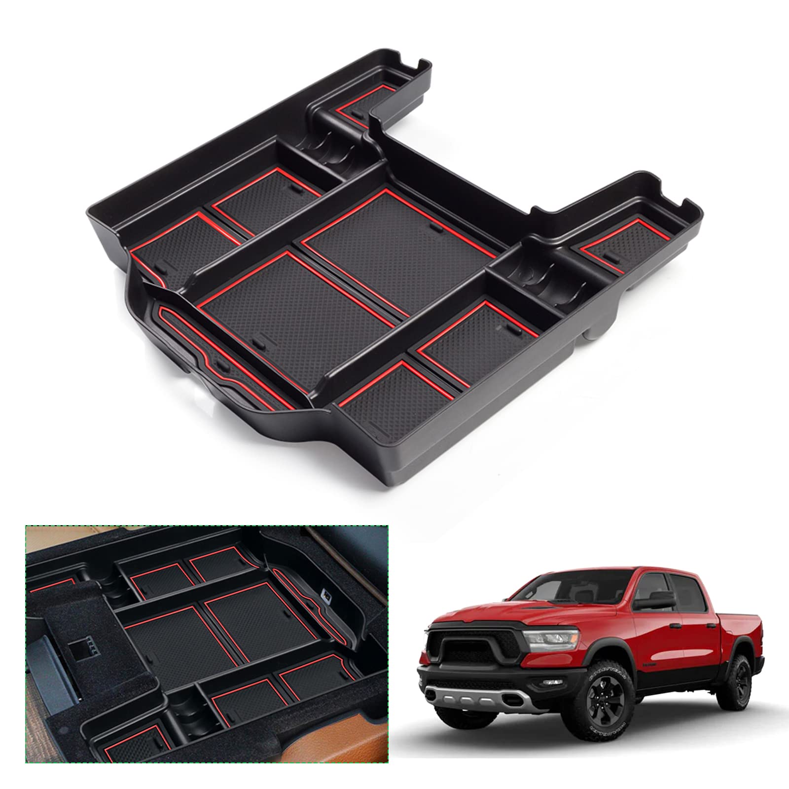 GAFAT Compatible avec Nouveau Dodge RAM 1500 2019-2024 2025 Console Centrale Boîte de Rangement, RAM 1500 2023 Accoudoir Organiseur, Boîte à Gants, RAM 1500 Accessoires (Rouge)