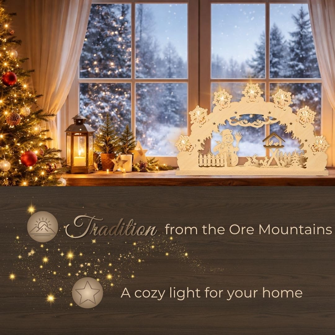 weigla - LED Candle Arch from The Ore Mountains I Christmas Light Arch I Snowman Motif I 7 lamp Candles + 1 Spare lamp I 7 x 16 V, 0,2 W, E10 I German Erzgebirge I Illuminated Decoration
