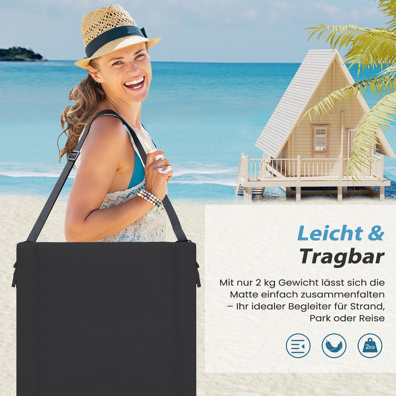 UDPATIO 2er Set Strandmatte mit Rückenlehne 195 cm, Strandstuhl, Verstellbare Strandliege Klappbar Leicht, Faltbare Sonnenliege für Strand, 150kg Belastbar, Sonnenmatte Gepolstert mit Tasche, Schwarz
