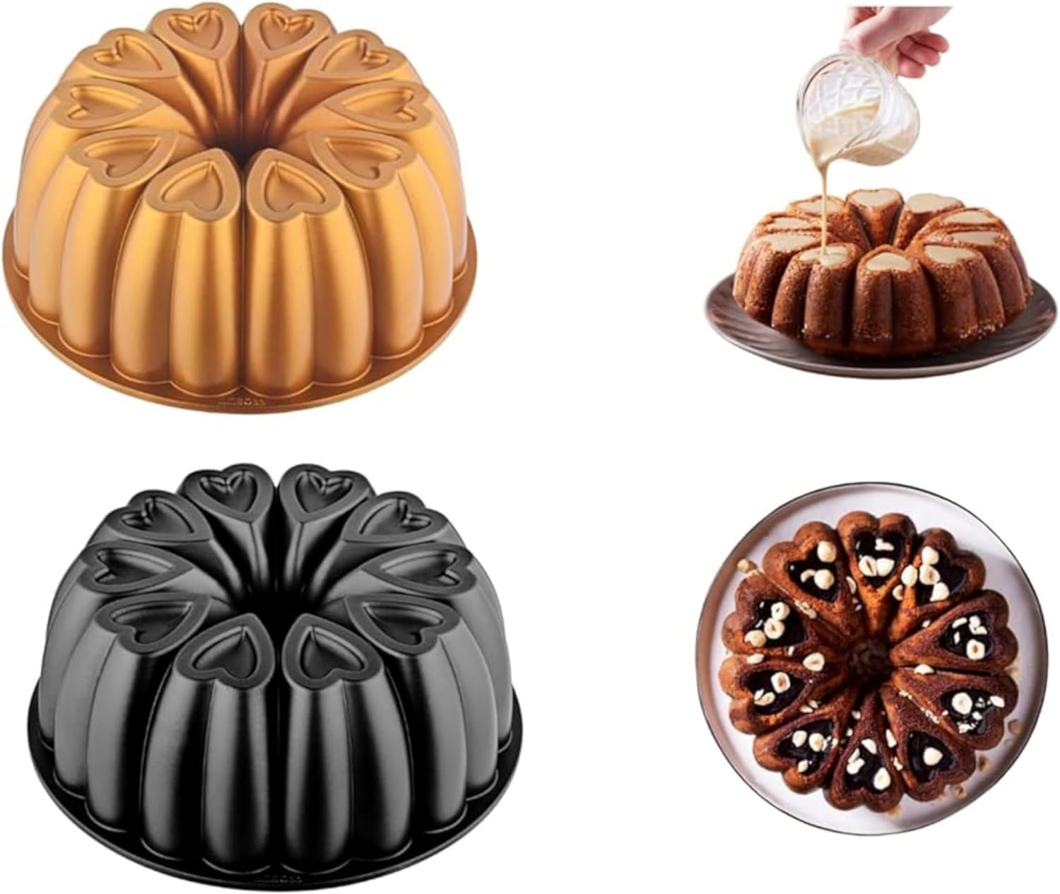 Heart Shape Aluminum Cake Pan, Titanium Coating, Non-Stick, 12 Cups, Heavy Duty, Gifts for Mom, Molded Cake Pan, 10 Inch Baking Mold, Cast Aluminum Fluted Tube Pan, Easy to Clean (Gold)