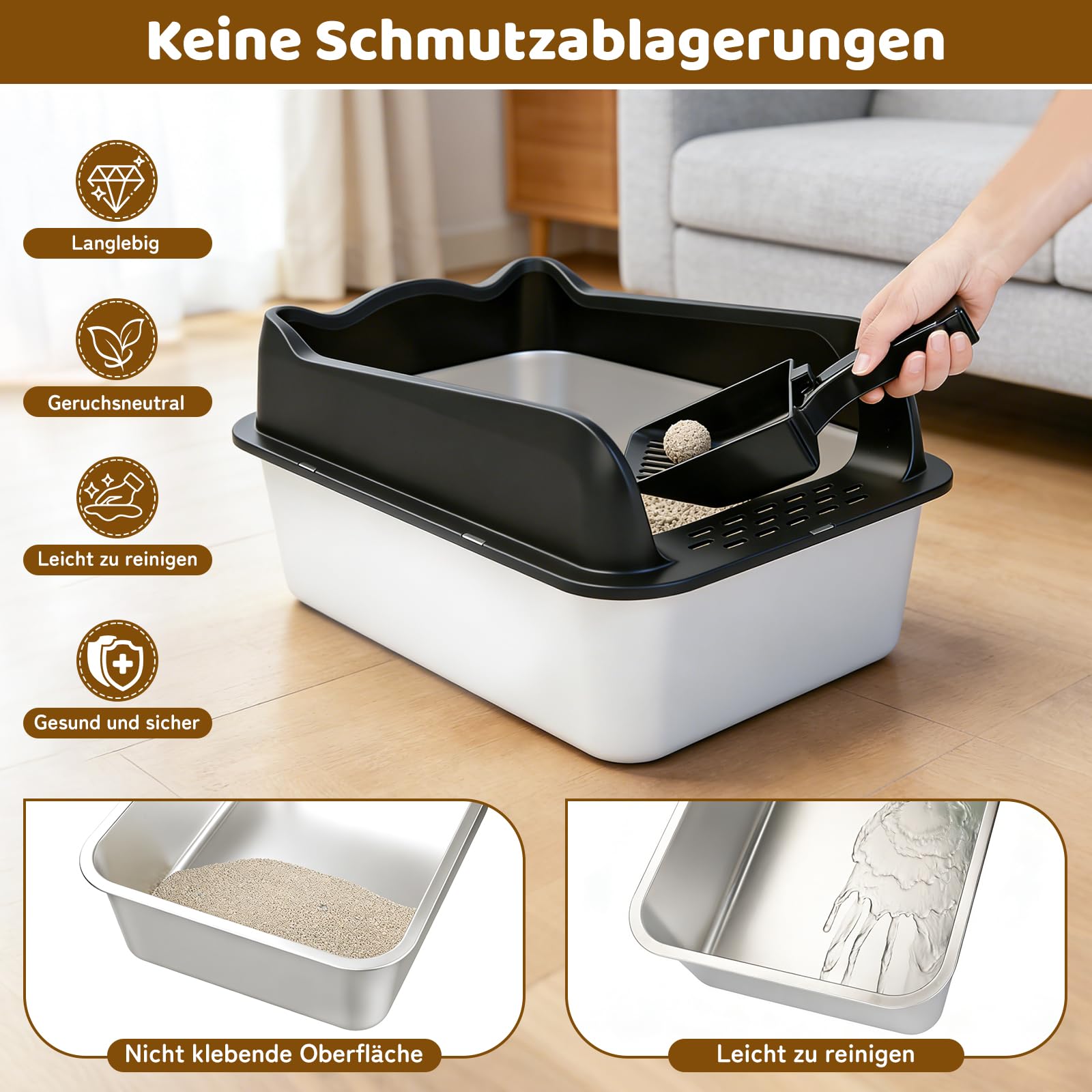 Katzenklo Edelstahl, Katzentoilette mit Schaufel und Streumatte,Katzenklo Edelstahl Kratzfest antihaftbeschichtet, geruchsresistent rutschf (XXL)
