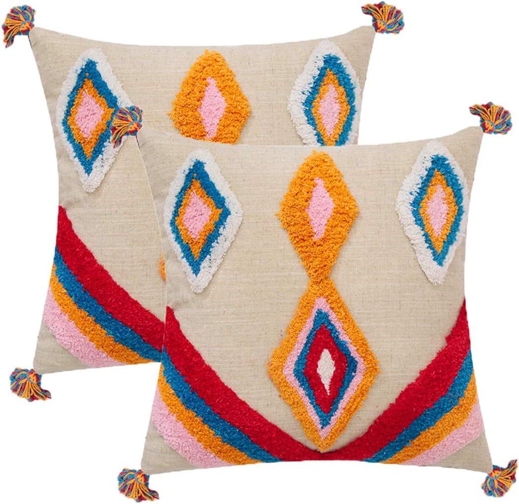 vctops Geometric Decorative Throw Pillow Cover Boho Woven Tufted Pillowcase with Tassels Square Pillow Sham Pillowcase Cushion Case for Sofa Couch Bedroom Car 18X18 Inch ZR8