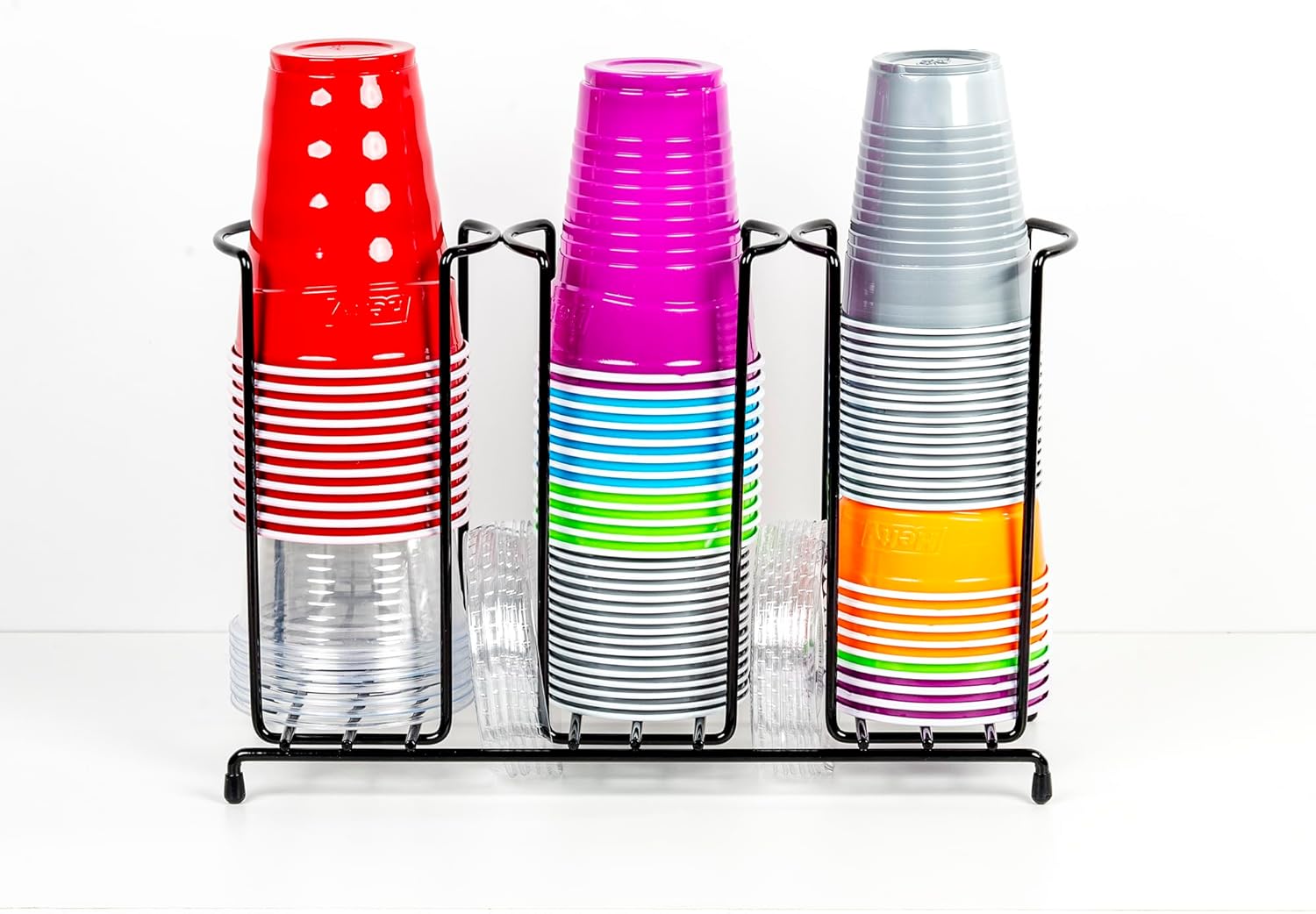 Inevibe Wire Frame Cup and Lid Organizer, 3 Compartment Metal Rack Design Storage Holder for Plastic, Coffee Beverage Cups