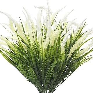 10 Bundles Artificial Plants Outdoor Fake Grass with Flowers UV Resistant Greenery Garden Porch W...