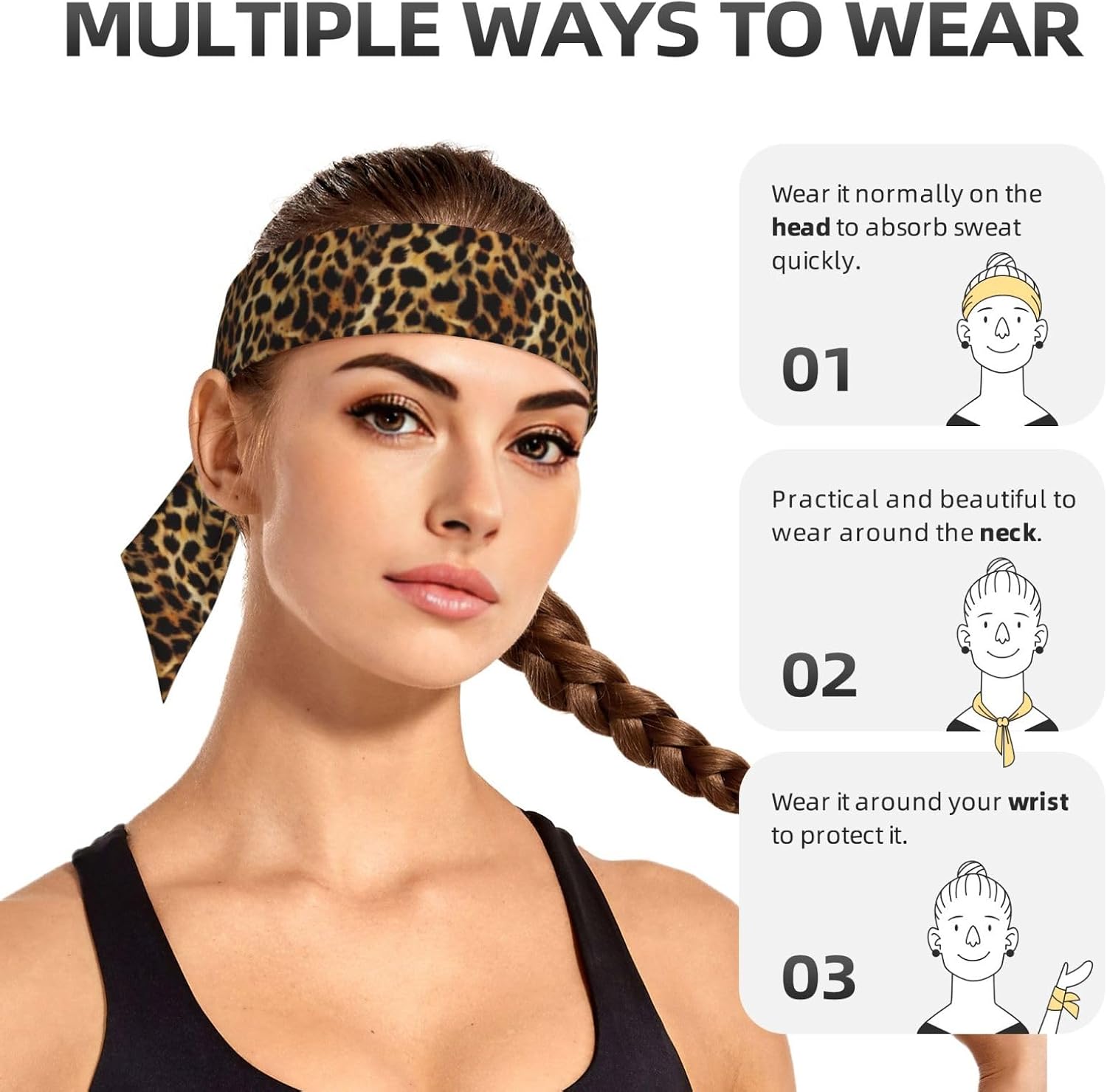 Leopard Print Pattern Vintage Sports Head Tie Lace-Up Straps Bandanas Unisex Workout Hair Bands for Tennis Running Yoga