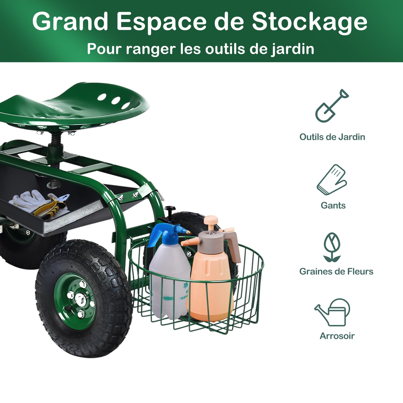 GOPLUS Siège de Jardin Roulant avec 2 Plateau à Outils, Poignée Ronde Extensible, Panier de Rangement, Siège Hauteur Réglable 45,5-54,5cm avec 4 Roues en Caoutchouc, Vert (avec Poignée)