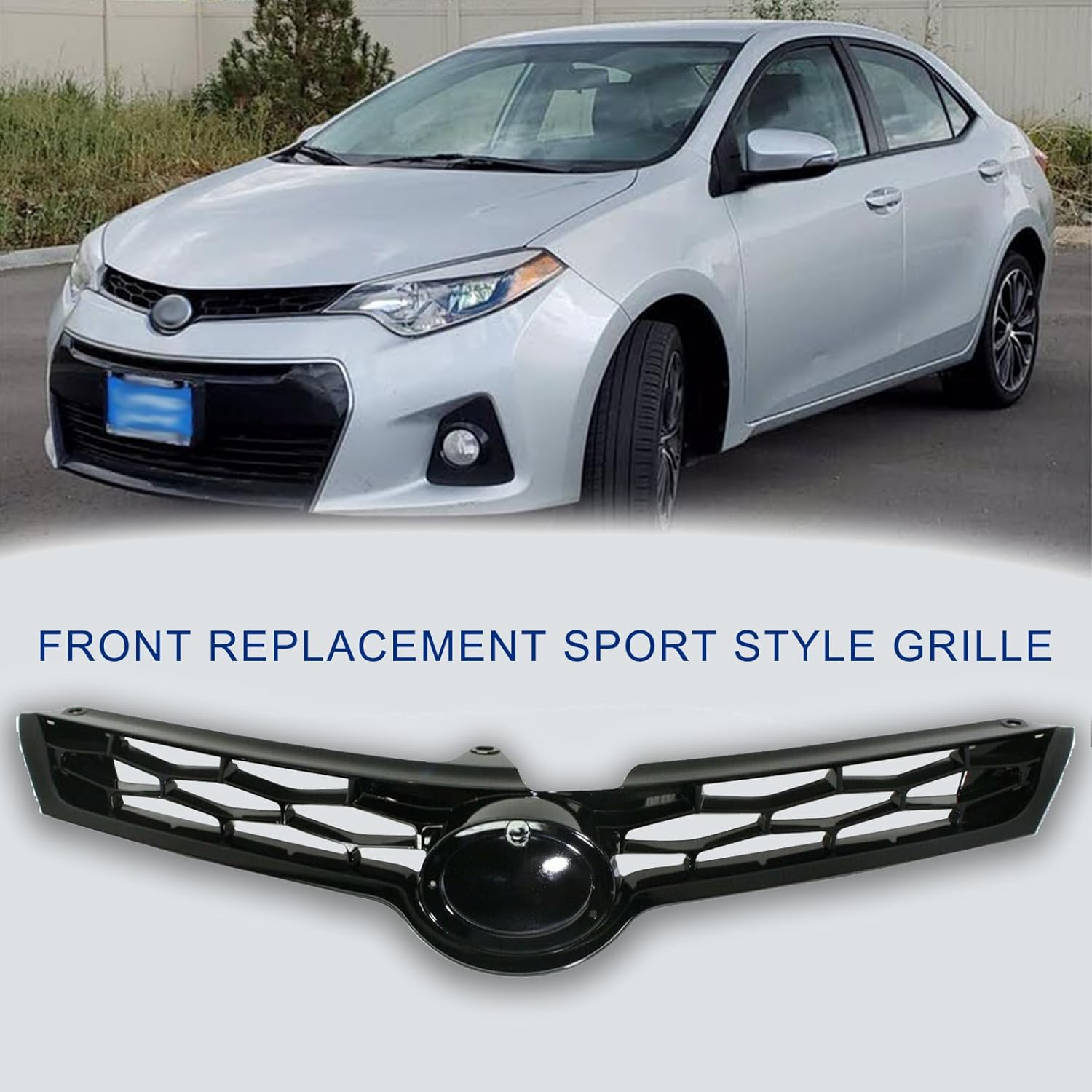 Front Bumper Upper Grille Compatible With 2014 2015 2016 Toyota Corolla S/S Plus Sedan Glossy Black Upper Grill Assembly Replacement TO1200365 5310002570