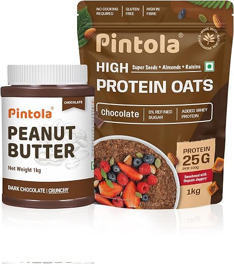 Pintola Indulgent Protein Combo: Chocolate Crunchy Peanut Butter 1kg &amp; 22g High Protein Dark Chocolate Oats 1kg | No Refin...