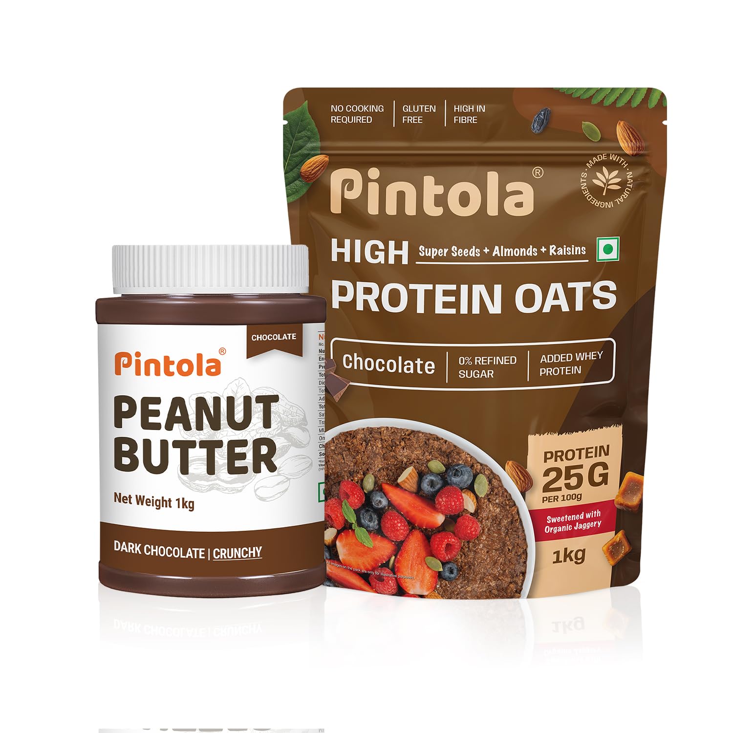 Pintola Indulgent Protein Combo: Chocolate Crunchy Peanut Butter 1kg & 22g High Protein Dark Chocolate Oats 1kg | No Refined Sugar, Gluten-Free | With Almonds, Raisins, Pumpkin & Chia Seeds | 8g Fibre-image-32