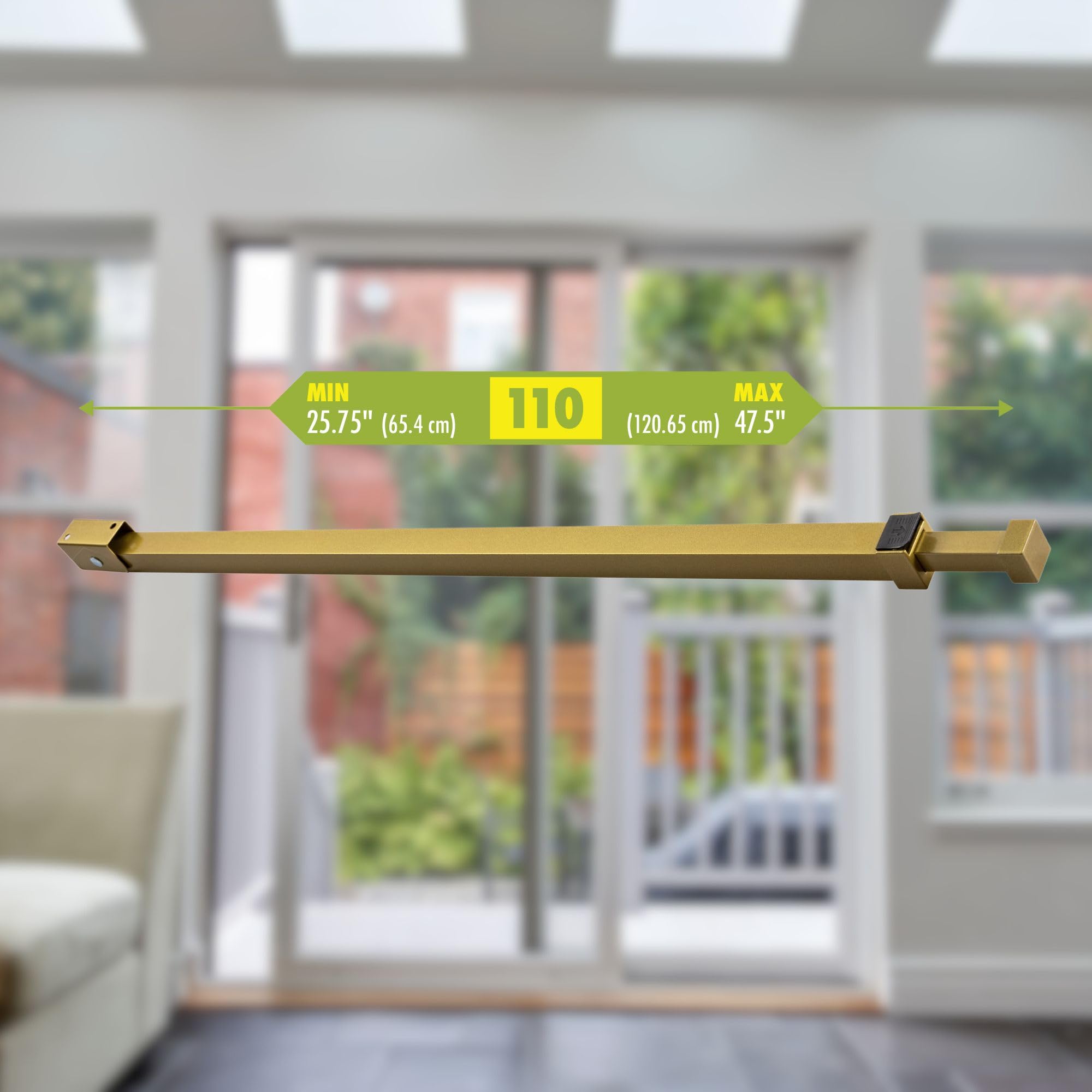 Ideal Security Barre de sécurité réglable pour porte coulissante avec serrure de sécurité enfant, pour porte de terrasse et porte coulissante en verre, doré métallique (65,75-120,5 cm)