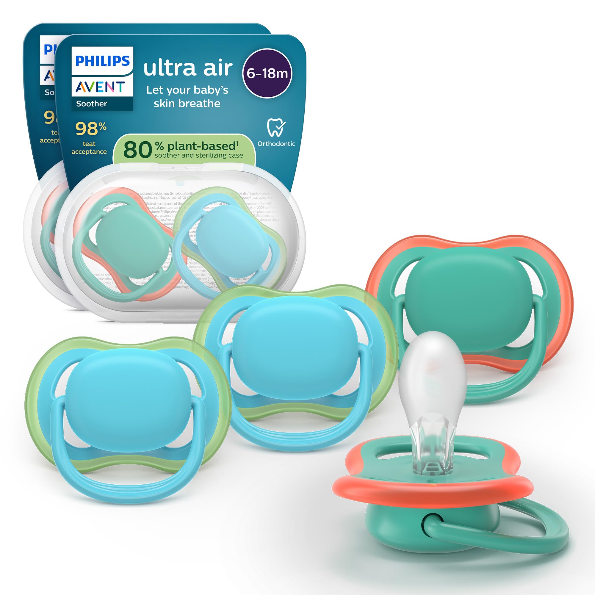 Philips Avent Ultra Air Smoczki — ortodontyczny smoczek dla dzieci w wieku 6–18 miesięcy, symetryczna miękka silikonowa końcówka, bez BPA, 2 etui do sterylizacji, 4 sztuki, SCF087/24