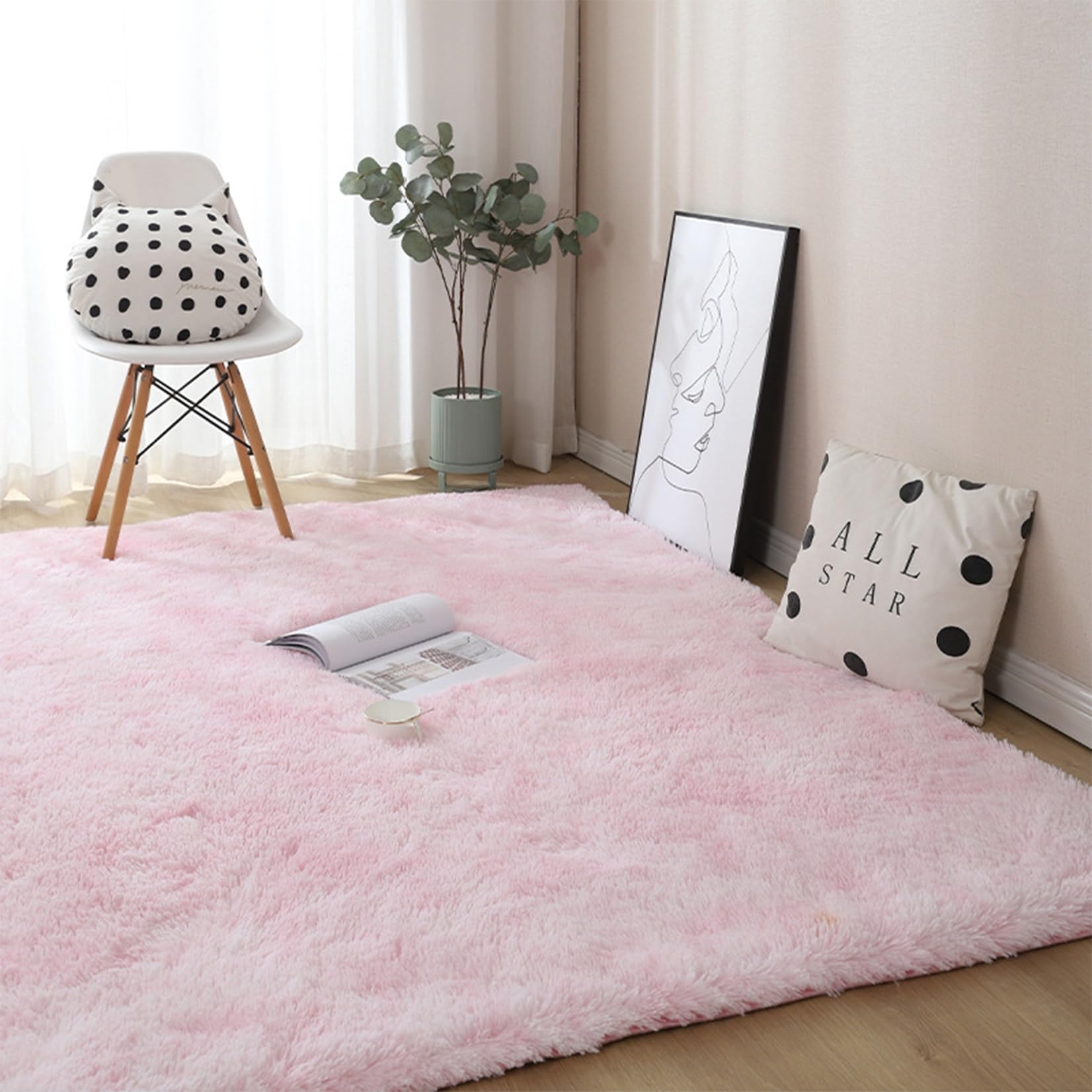 Tapis rose clair à poils longs 230x230 haut de gamme pour chambre