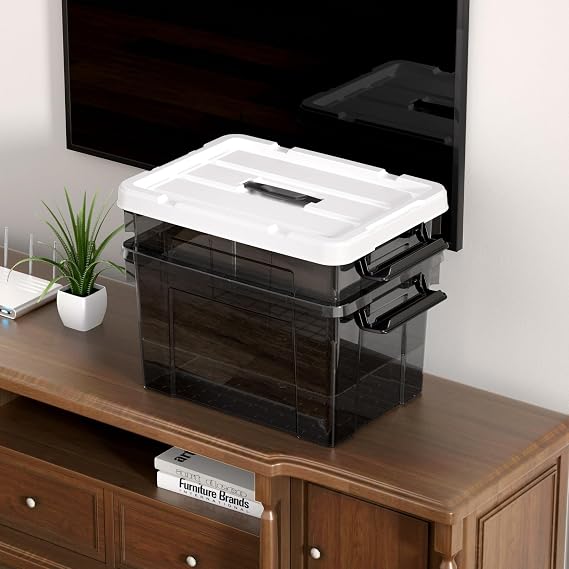 Cetomo 20L*4 Storage Boxes, Carry Plastic Storage Box with Lids, Organizing Container with Handle and Secure Latching Buckles, Stackable, Nestable, Tote Bin for Home Clothes, 20L-4Pack, Clear Black