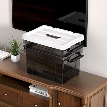 Cetomo 20L*4 Storage Boxes, Carry Plastic Storage Box with Lids, Organizing Container with Handle and Secure Latching Buckles, Stackable, Nestable, Tote Bin for Home Clothes, 20L-4Pack, Clear Black