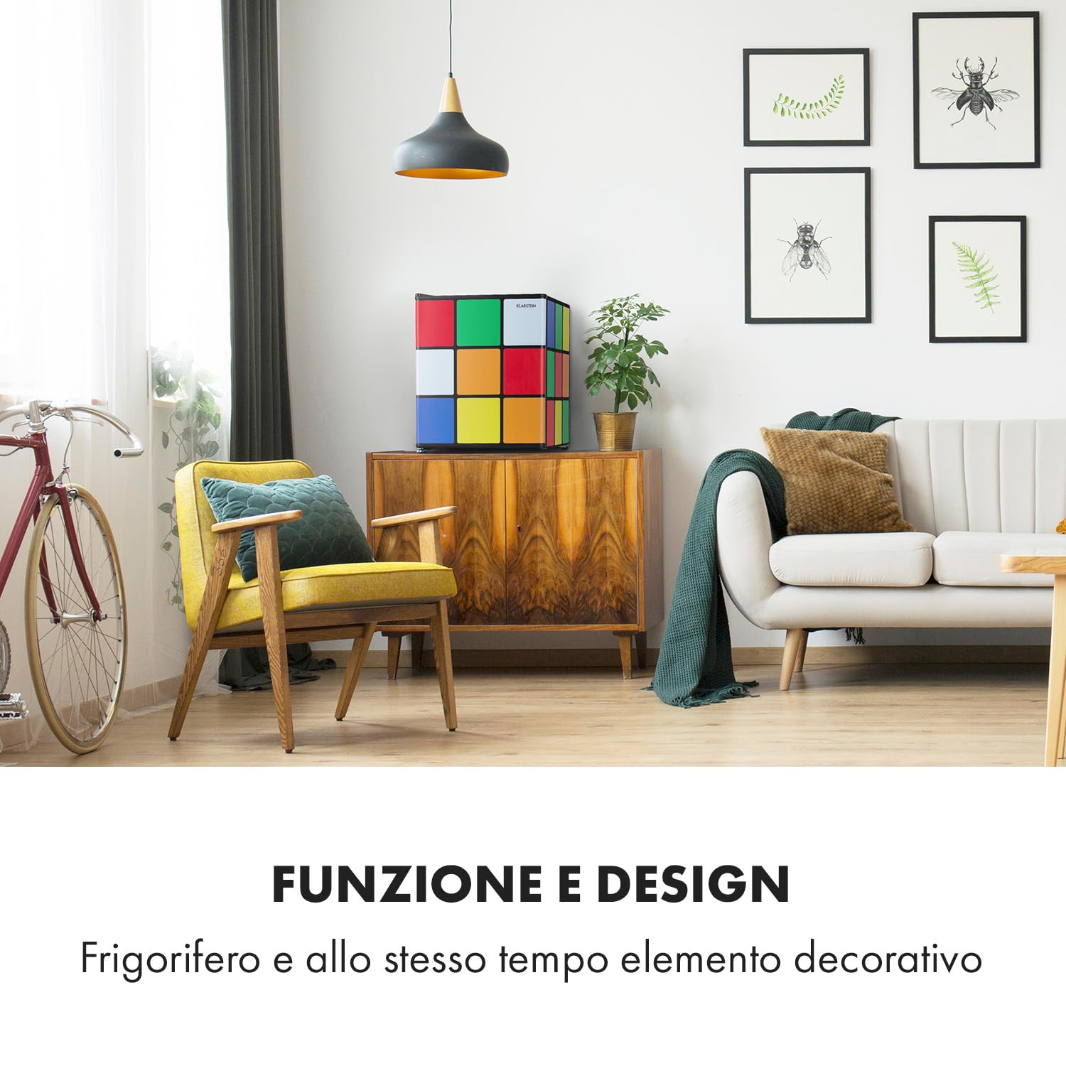 Klarstein Solve - Mini frigorifero, minibar, sistema di raffreddamento termoelettrico, capacità 48 litri, controllo meccanico a rotazione, raffreddamento: da 0 a 10 °C, nero/colorato