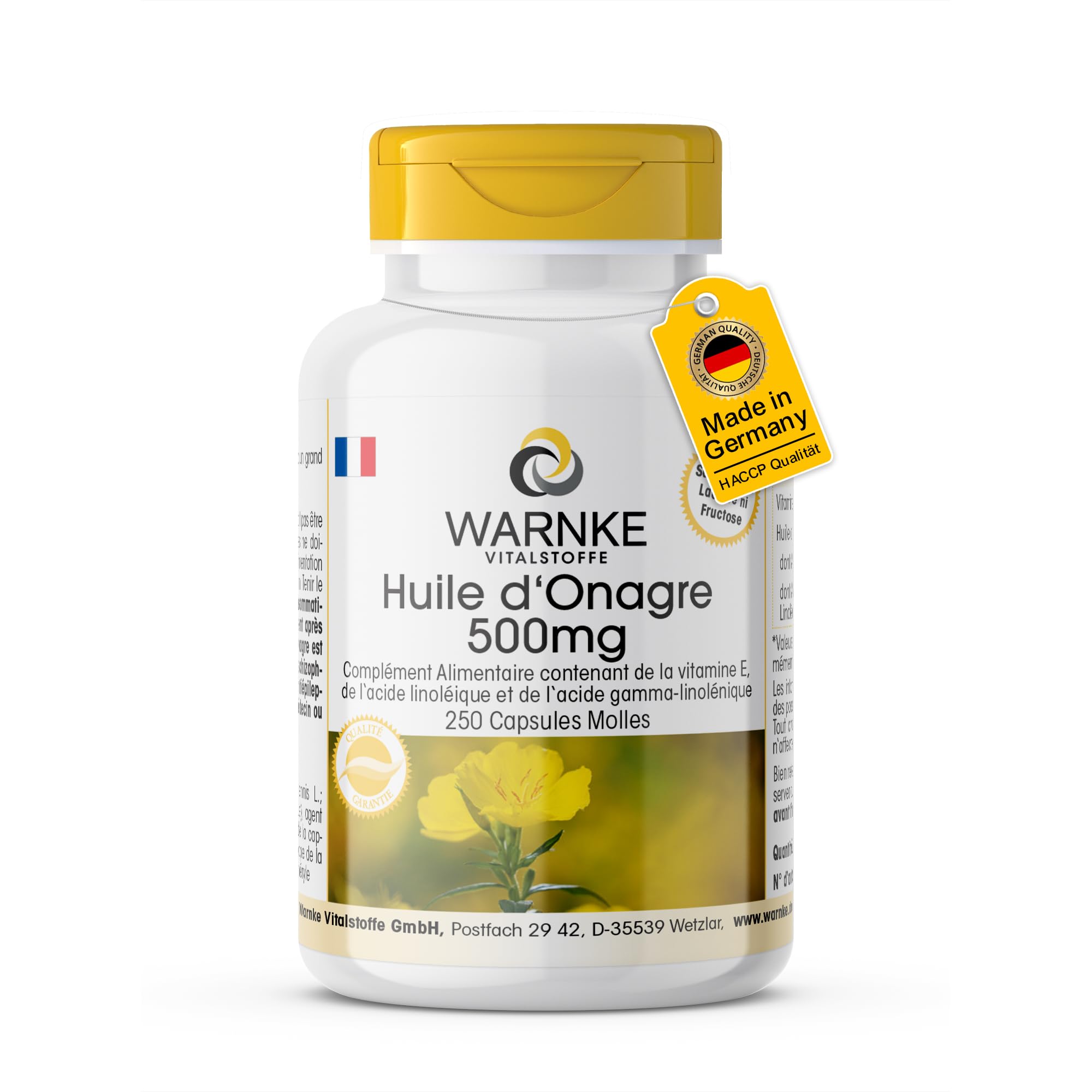 Huile d'Onagre avec vitamine E 500 mg - 250 gélules molles - Pressée à froid - 71,4% d'acide linoléique - 10,2% acide gamma linolénique | Warnke Vitalstoffe - Qualité des pharmacies allemandes