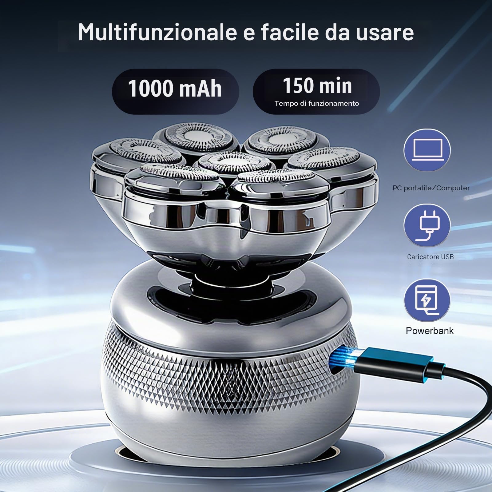 Rasoio per testa 7D per Uomo calvi - Rasoio per testa calva, Elettrico Tagliacapelli uomini con display LED Rasoi elettrico barba rotanti 2 impostazioni di velocità disponibili