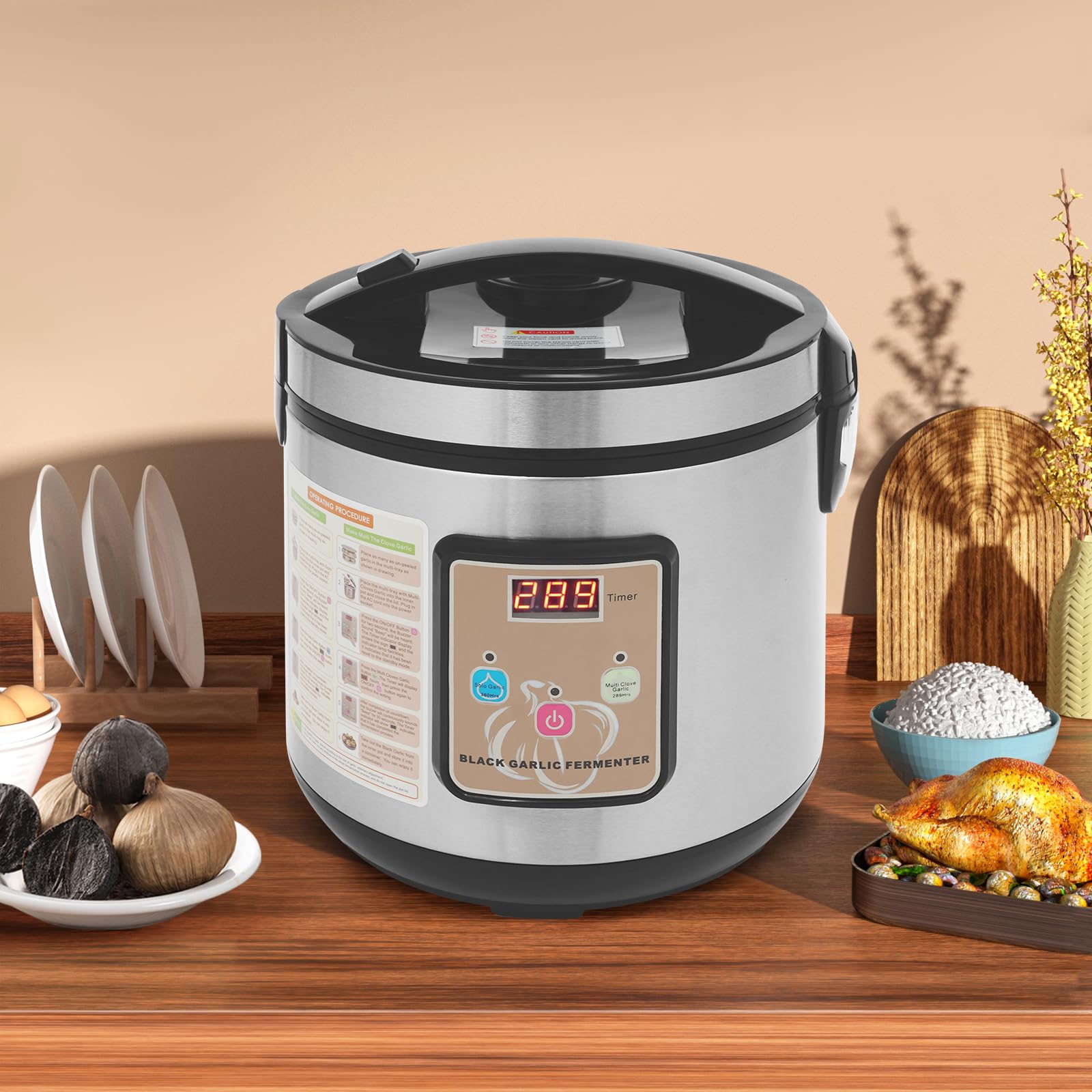 Fermenteur noir 6 l, 90 W 220 V pour les noirs, cuiseur à ail avec contrôle du temps et de la température, fermenteur d'ail intelligent avec pot intérieur et support à 3 étages (argent)