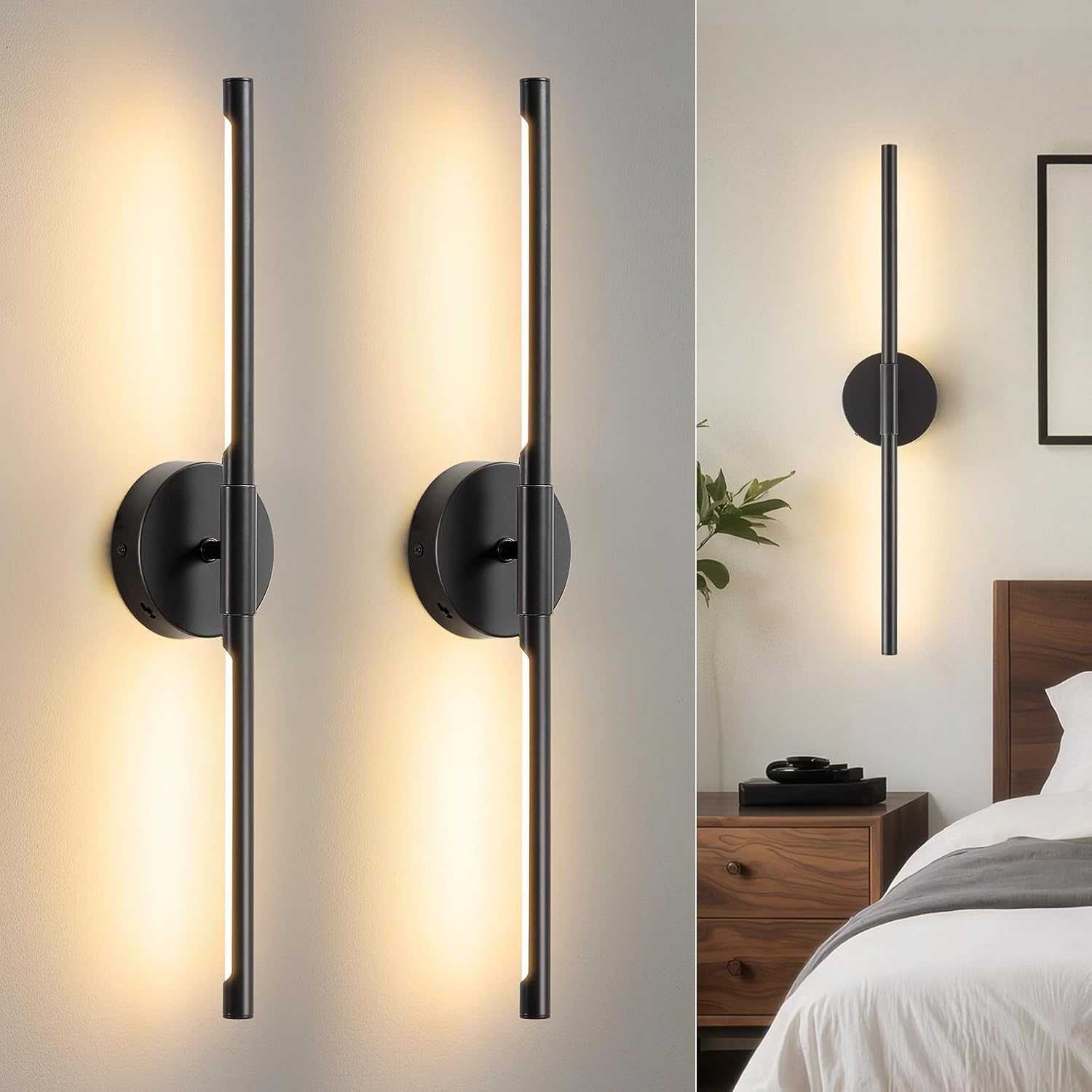 Lightania Hardwired Wall Sconces Set of Two, 24'' Modern Black LED Wall Lights, 360° Rotatable, 2700K-5000K Adjustable, 3CCT Dimmable Wall Sconce Light Fixture for Living Room Bedroom Hallway, ETL