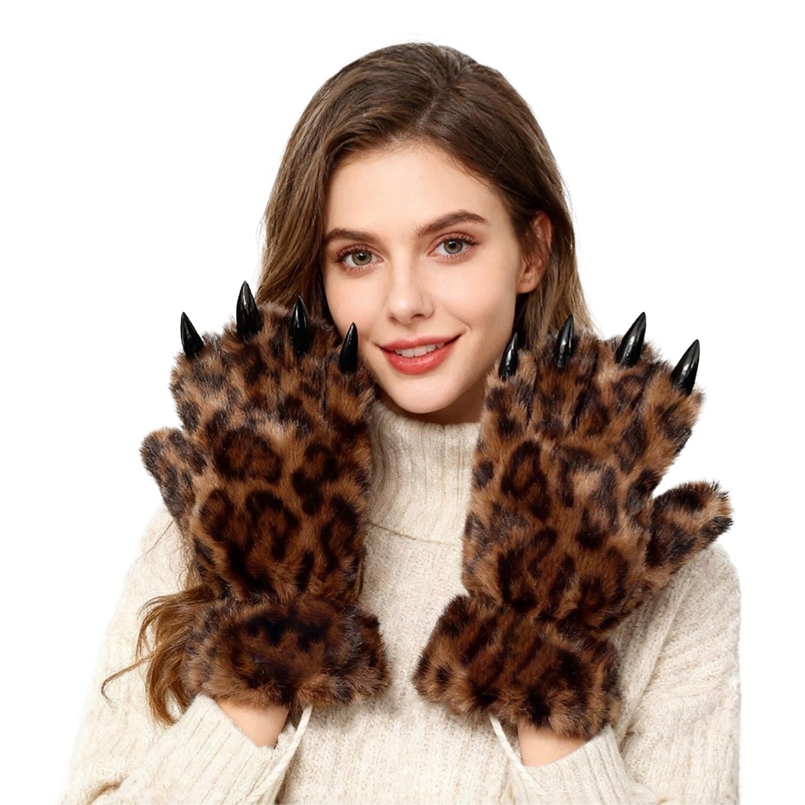 Guantes peludos de leopardo OhMill contra el frío extremo con cordón anticaída para mujer 6