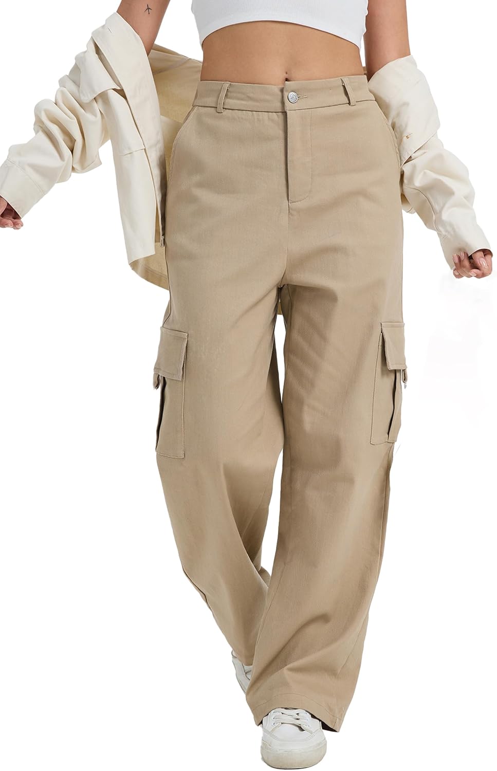 Cargo Pants for Women High Waist Wide Leg Stretchy Pull On Baggy Casual Pants with Pockets