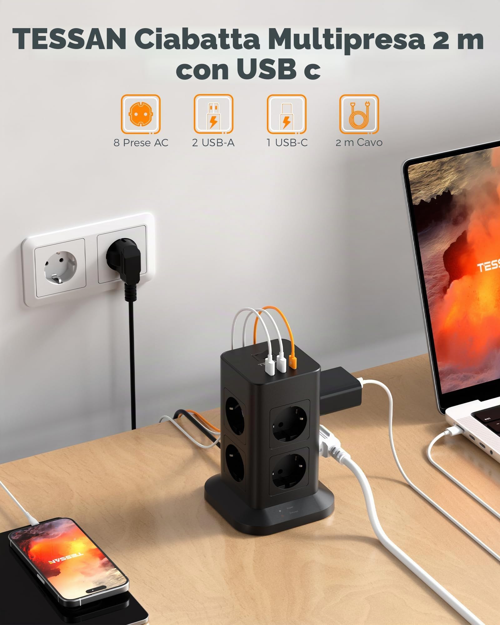 TESSAN 8 Prese Ciabatta Multipresa con USB, Ciabatta Elettrica con Cavo 2M, Torretta Multipresa con Protezione Sovratensione 1700J, Adattatore Prese Elettriche per Casa, Ufficio, Nero
