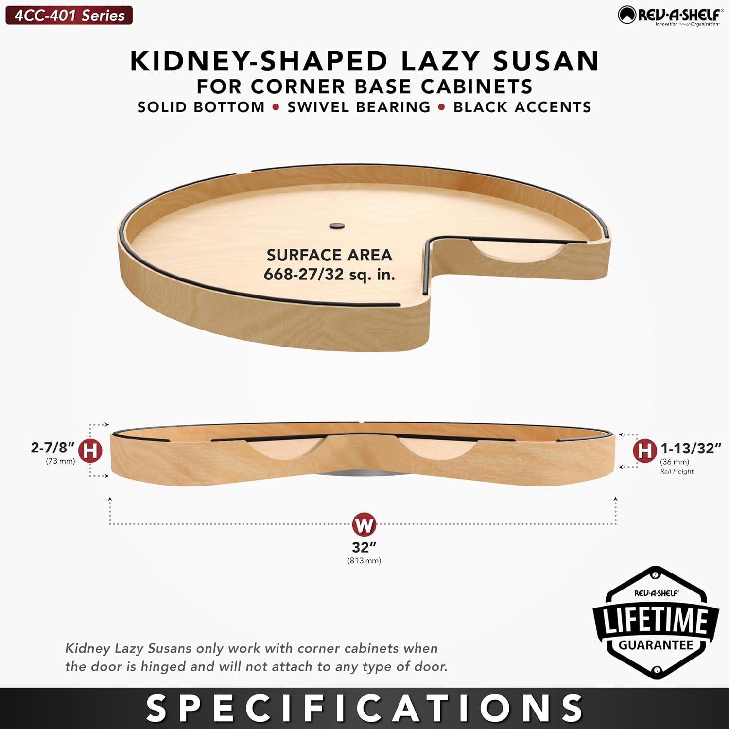 REV-A-Shelf 32" Craftsman Collection Solid Maple Kidney-Shaped Lazy Susan for Corner Base Cabinets w/Swivel Bearing and Black Accents