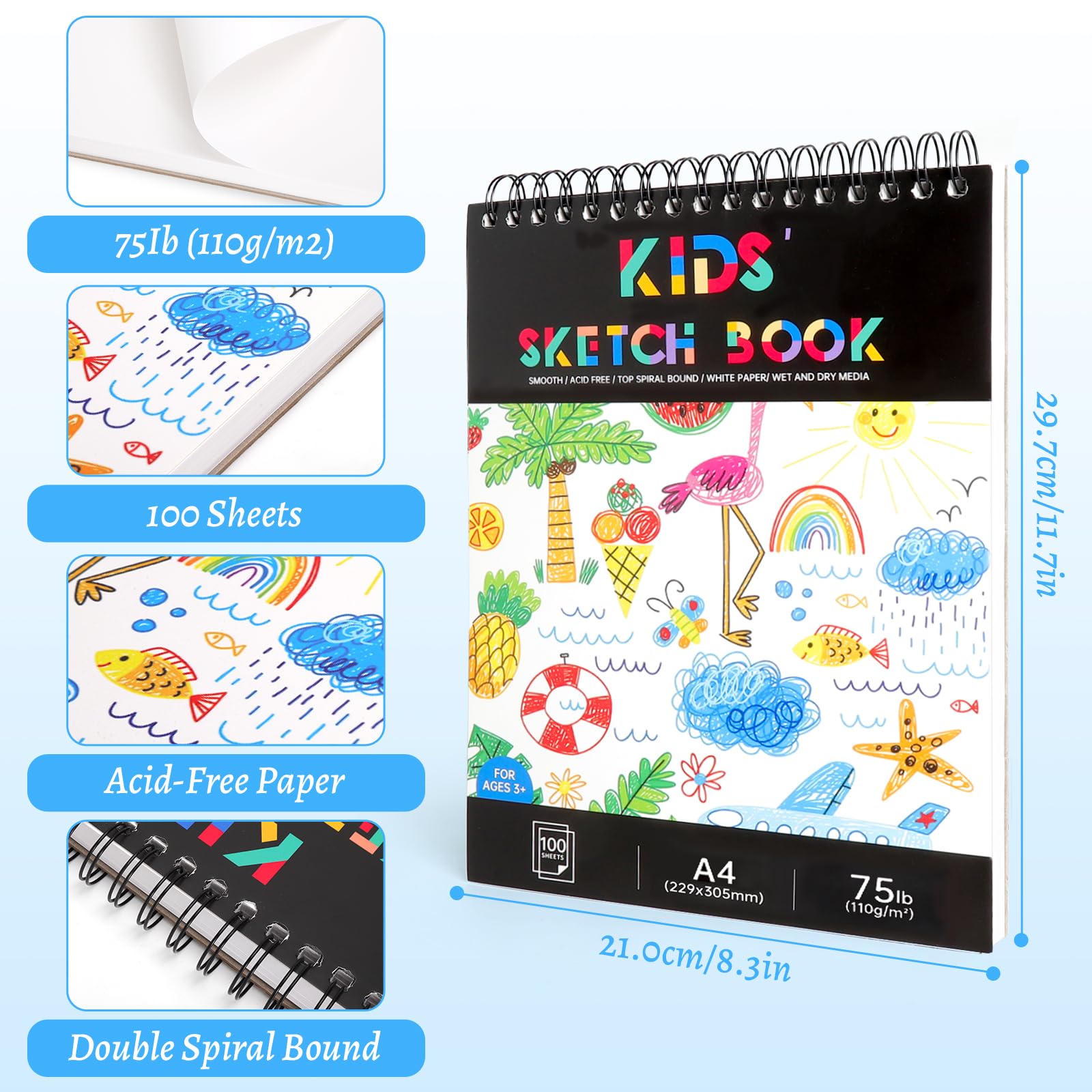 Cuaderno de Dibujo A4 100 Hojas, Bloc de Bocetos con Espiral y Tapa Dura, Papel de Dibujo 110 g/m² a Doble Cara, 200 Páginas, Sketchbook para Estudiantes y Artistas, Drawing Book