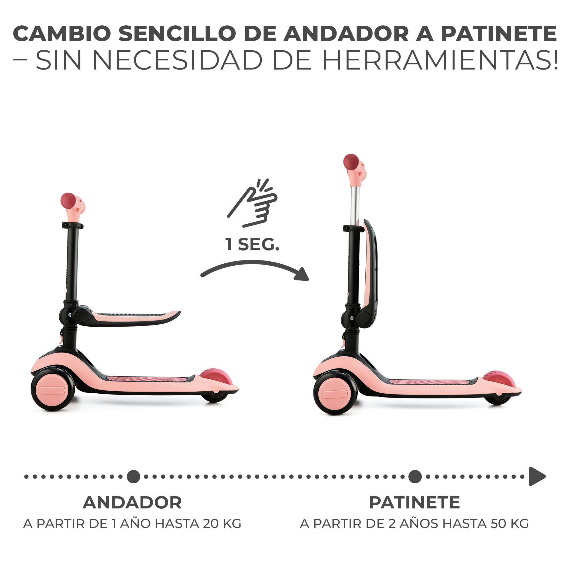 Kinderkraft Halley 2 en 1 Bicicleta sin Pedales y Patinete con Ruedas LED, Manillar Ajustable, Base Antideslizante, Ultraligera y Segura para Niños – Rosa