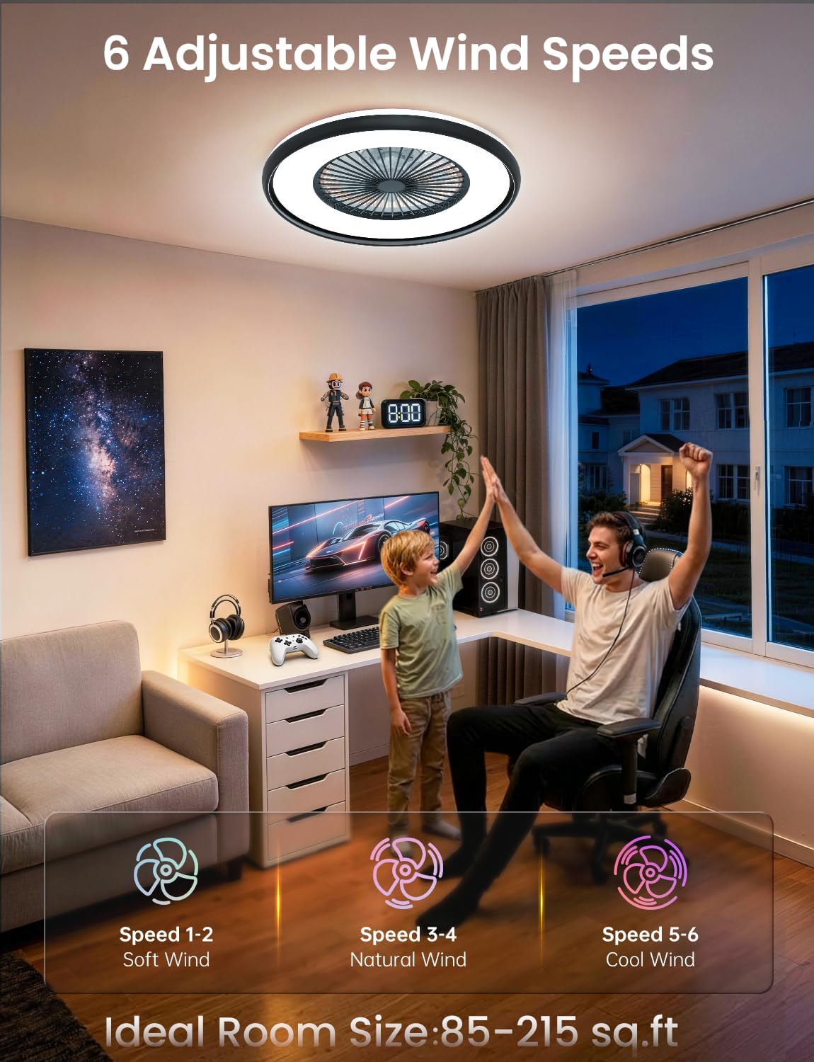 Bladeless Ceiling Fan with Light, 24'' Low Profile Ceiling Fan, Remote & APP Control, 2700-6500K Dimmable Brightness, 6 Wind Speeds Flush Mount LED Fan Light for Bedroom, Kids Room