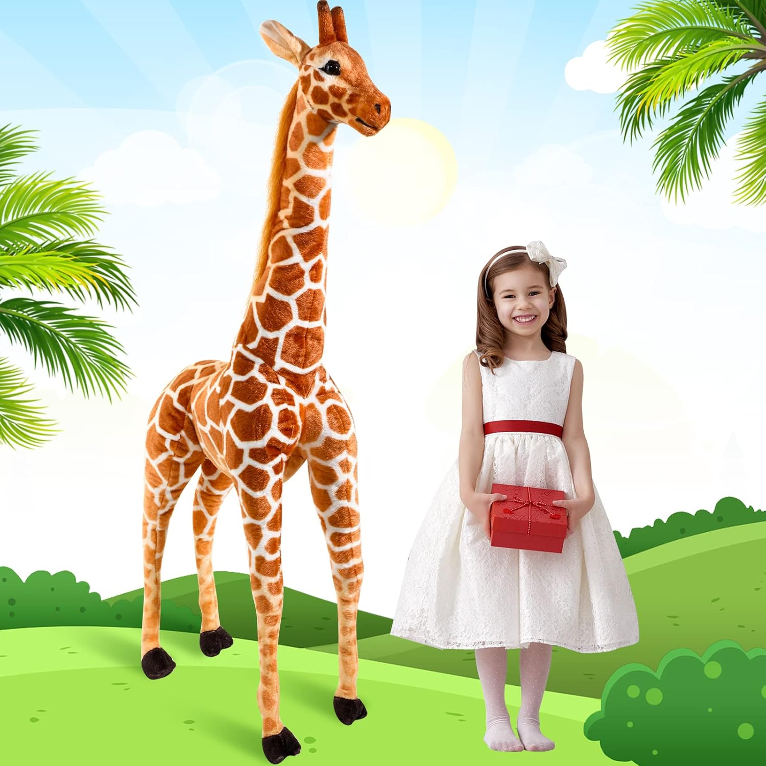 Zhanmai Giant Giraffe Plush Toy Large Giraffe Animal Toy Huge Standing Stuffed Giraffe Jumbo Lifelike Stuffed Doll for Girls Boys Birthday Gift Animal Theme Party Decoration Supplies (55 Inch)