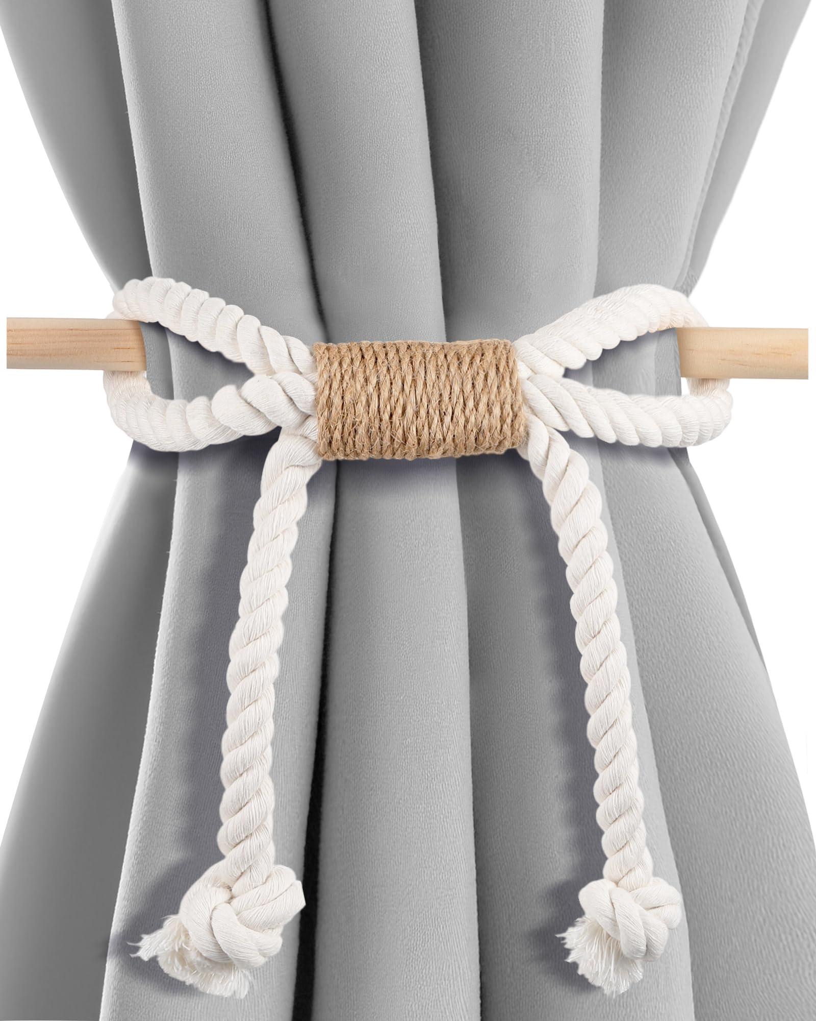 SATINIOR 2 Pack Boho Curtain Tiebacks Bow Rustic Holdbacks for Drapes Natural Cotton Rope Farmhouse Curtain Tie Back Holder with Wood Stick Decorative