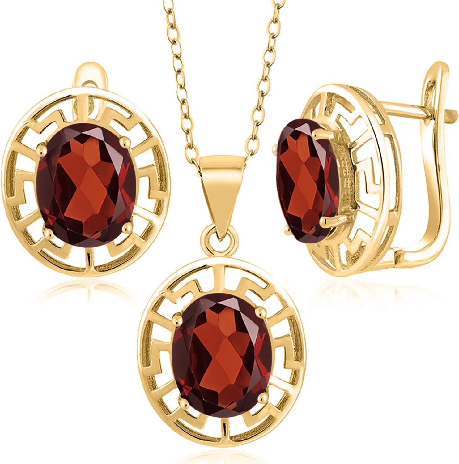 Gem Stone King 5-9 Cttw Greek Key Pendant and Earrings Jewelry Set For Women | 18K Yellow Gold Plated Silver | Gemstone Birthstone | Oval 10X8MM | With 18 Inch Chain