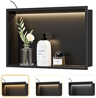 Wandnische Dusche Edelstahl mit LED-Licht, Eingebettete Duschnische 45x30cm mit 3 Farben für Badezimmer Aufbewahrung und Dekoration, Mattschwarz