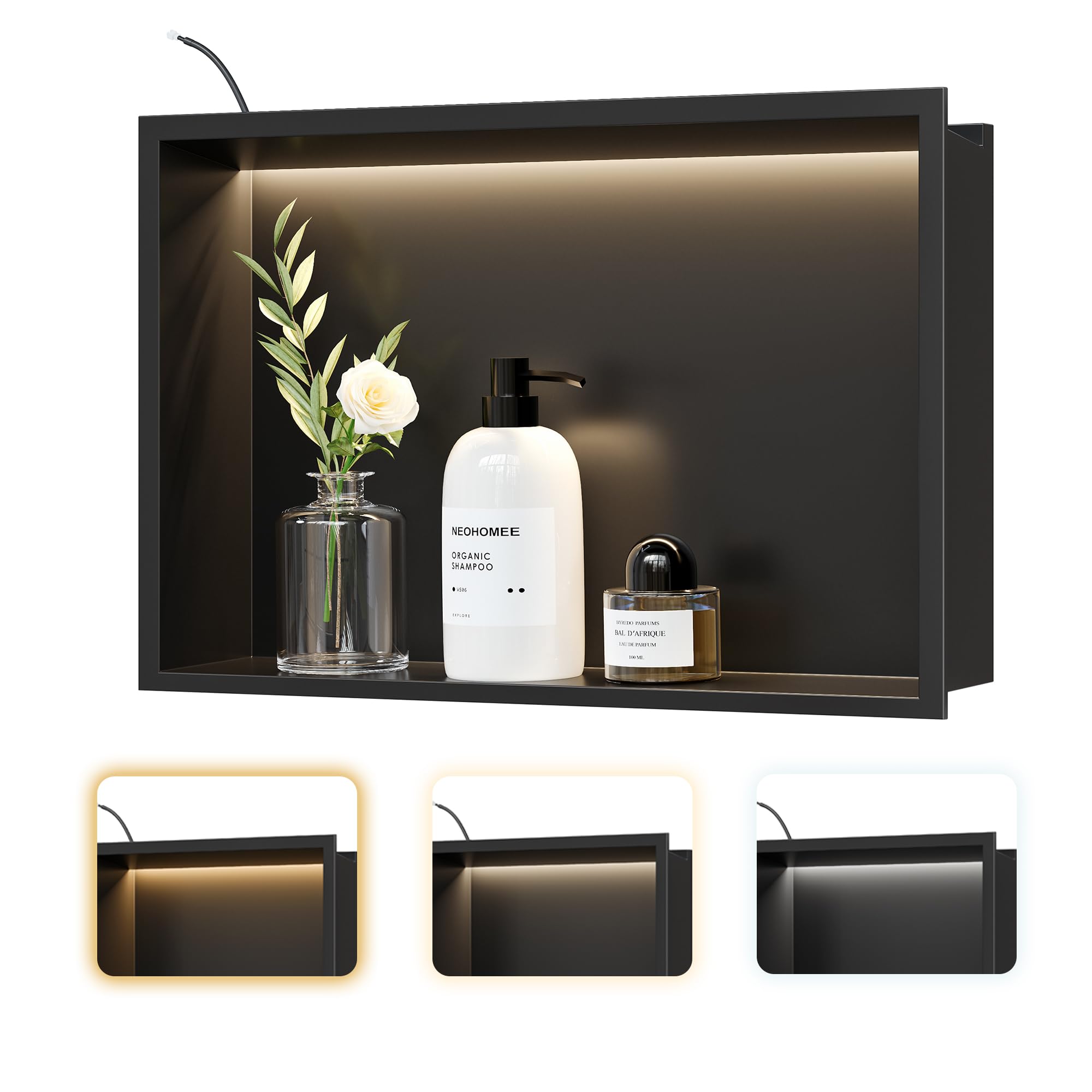 Neohomee Wall Recess Shower Stainless Steel with LED Lighting, Shower Niche Black Single Shelf Recessed Recess with Colour Temperature Setting Storage for Bathroom 45 x 30 cm