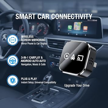 Wireless Carplay Adapter, 3-in-1 Wired to Wireless Carplay Adapter & Android Auto & Mirror link, 2.4/5Ghz WiFi Bluetooth 5.3, USB Plug & Play AirPlay Screen Mirroring