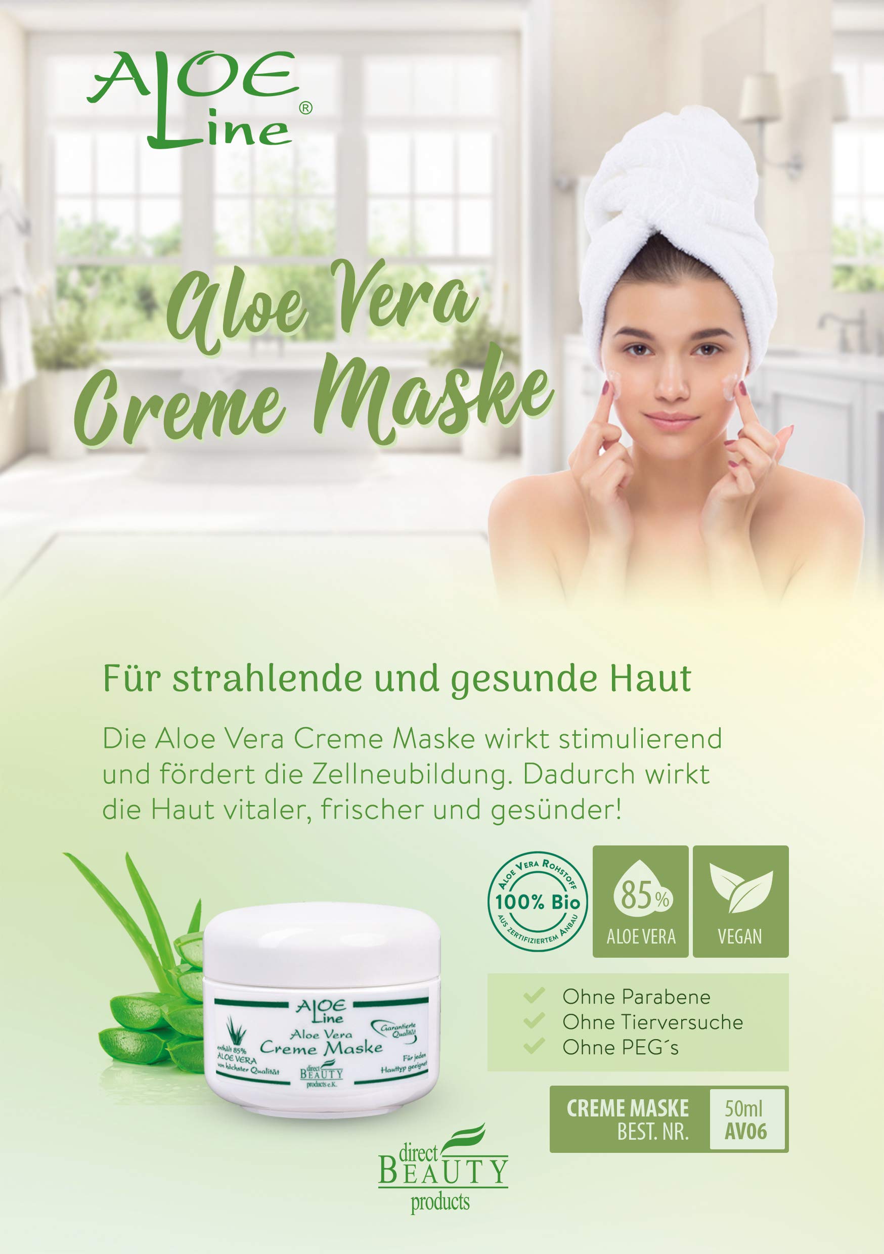 Aloe Vera Gesichtsmaske / Creme Maske 50ml enthlt 85% Aloe Vera, Glycerin,  Jojobal, Panthenol, Tocopherol, Allantoin und
