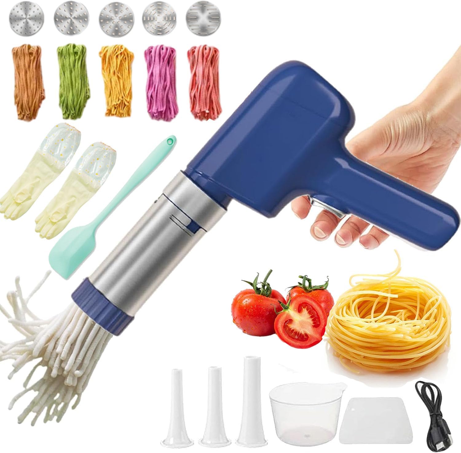 Maker Electric, Maker with 5 Interchangeable Mold Plates, Handheld Electric Pasta Maker, All-In-One Homemade Pasta Machine (Blue)