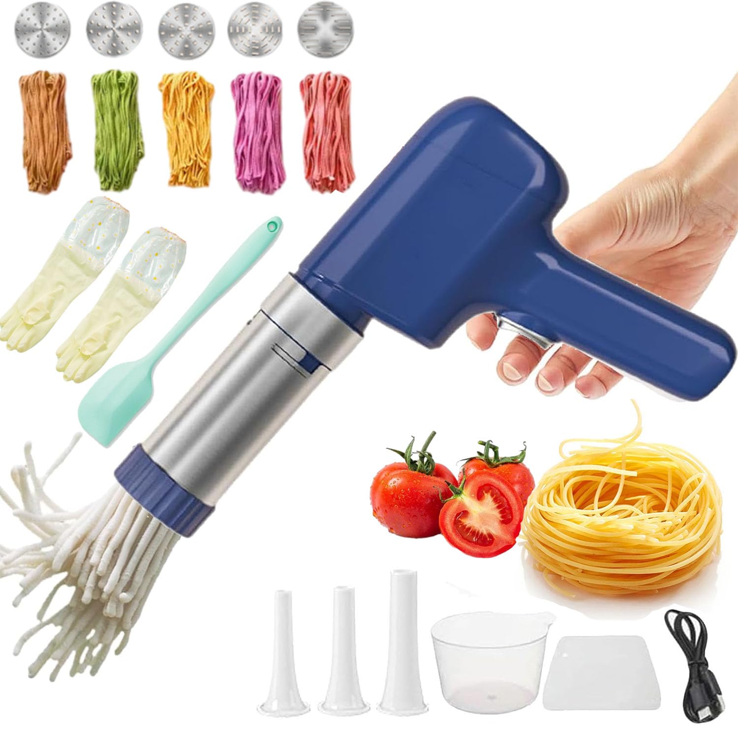 Idiyappam Maker Electric, Idiyappam Maker with 5 Interchangeable Mold Plates, Handheld Electric Pasta Maker, All-In-One Homemade Pasta Machine (Blue)