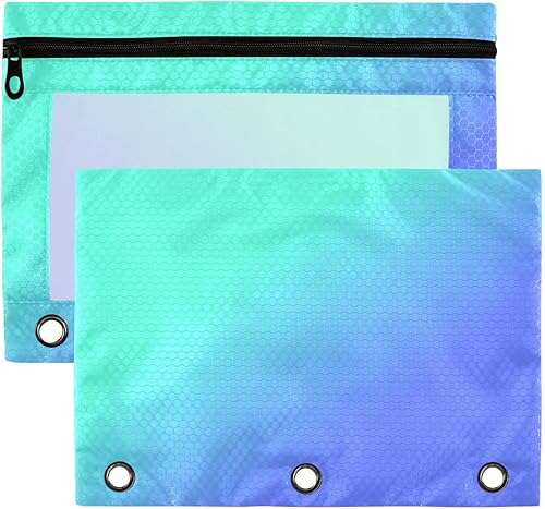 Estuche para lápices de 3 anillas, color verde azulado, crema y morado, paquete de 2 unidades, estuche de plástico transparente impermeable con