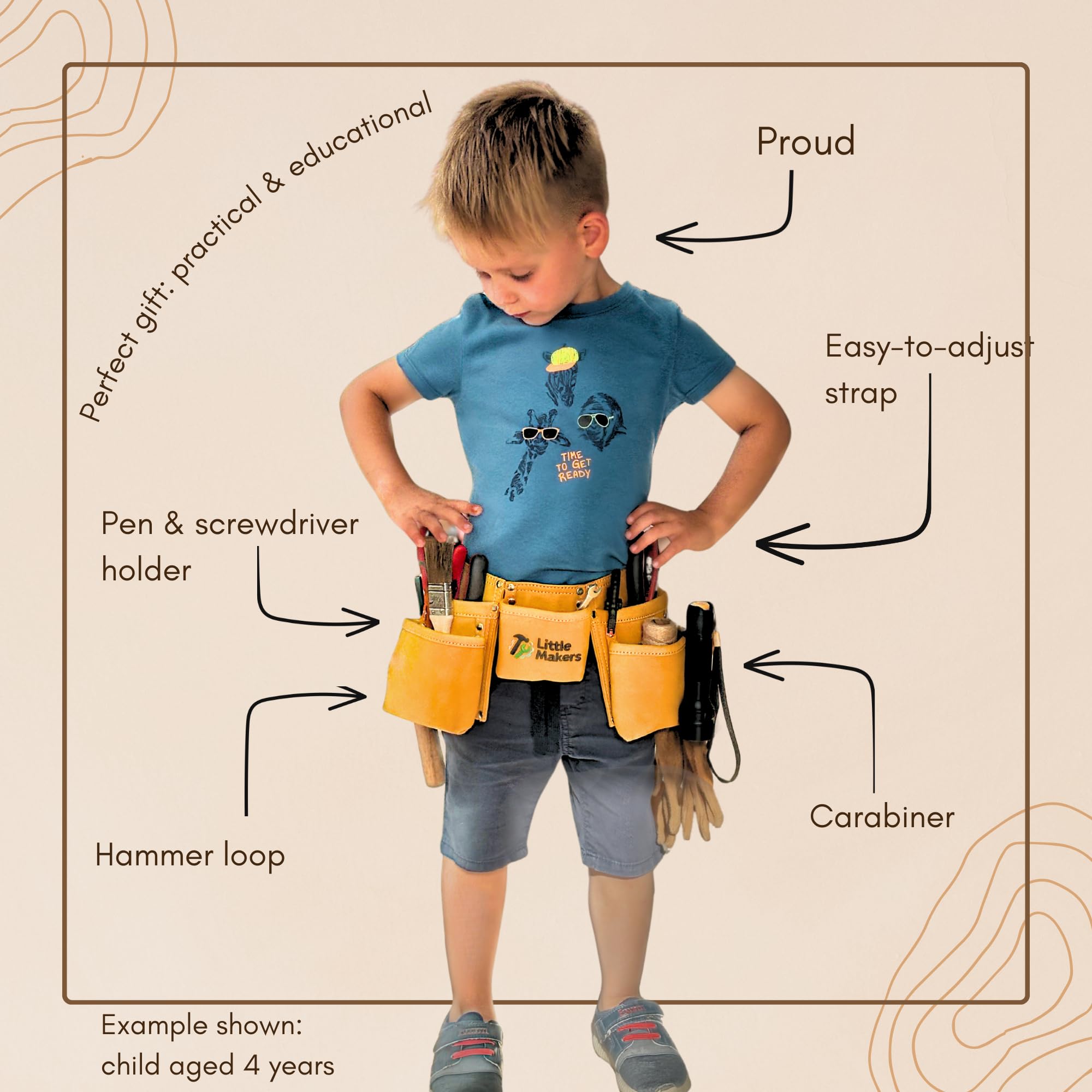 Kinder Werkzeuggürtel – Robuster Handwerker-Gürtel für kleine Baumeister, mit Werkzeugtaschen, Hammerschlaufe & Karabiner zum Werken, Bauen & Basteln - stufenlos anpassbar & mitwachsend