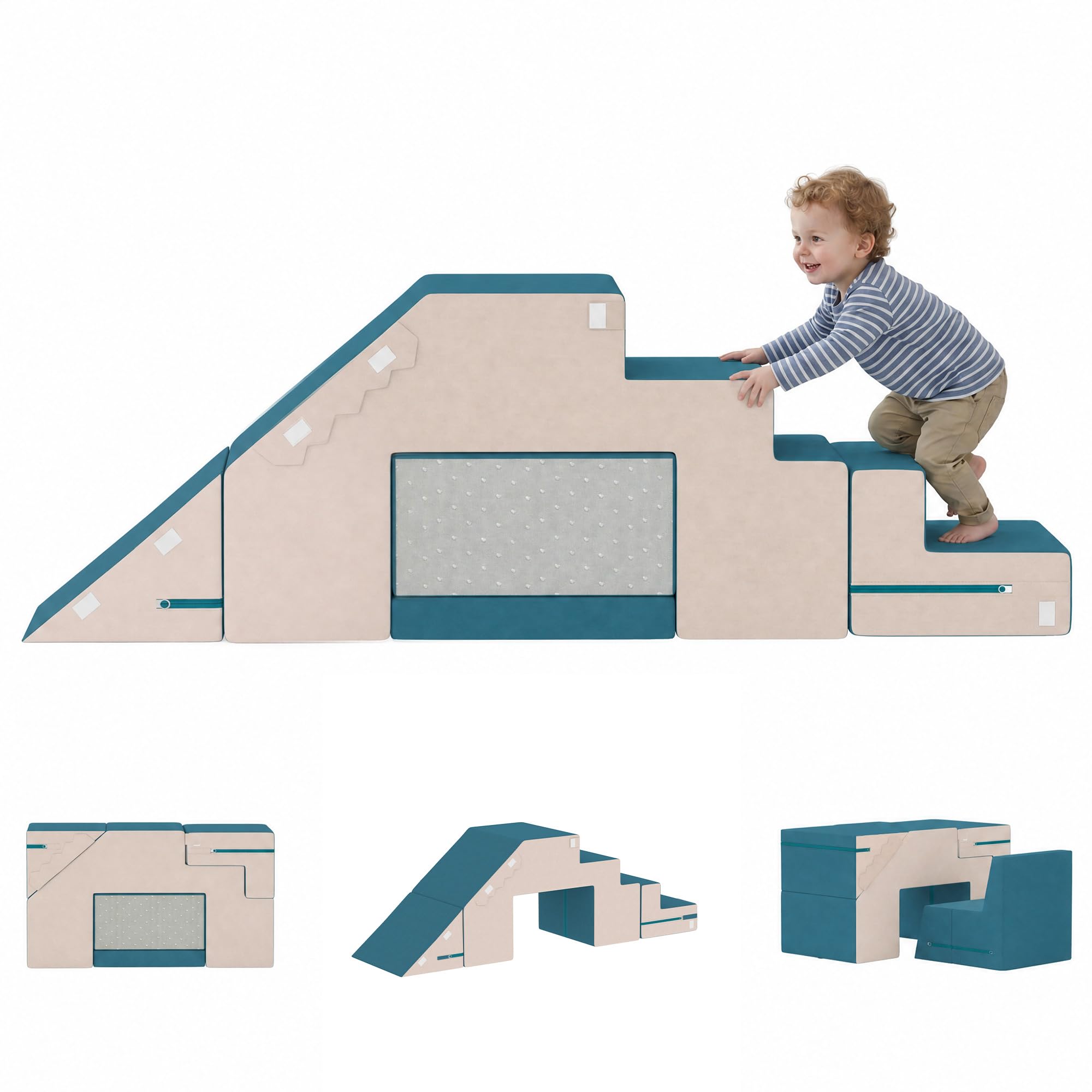 AIYAPLAY Set Gioco Morbido per Neonati, 2 Blocchi in Schiuma per Arrampicarsi e Gattonare con Rivestimento Sfoderabile, per Bambini 6 Mesi-3 Anni, Blu Scuro
