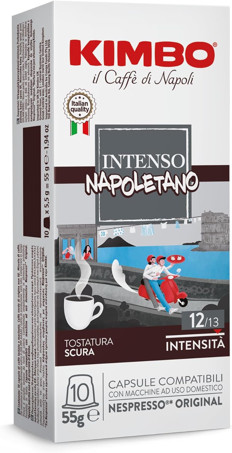 Kimbo, Intenso Napoletano, 100 Capsule Caffè Compatibili Nespresso® Original®, Miscela Decisa e Corposa, Intensità 12/13, Tostatura Scura, 10 Pack da 10 Capsule